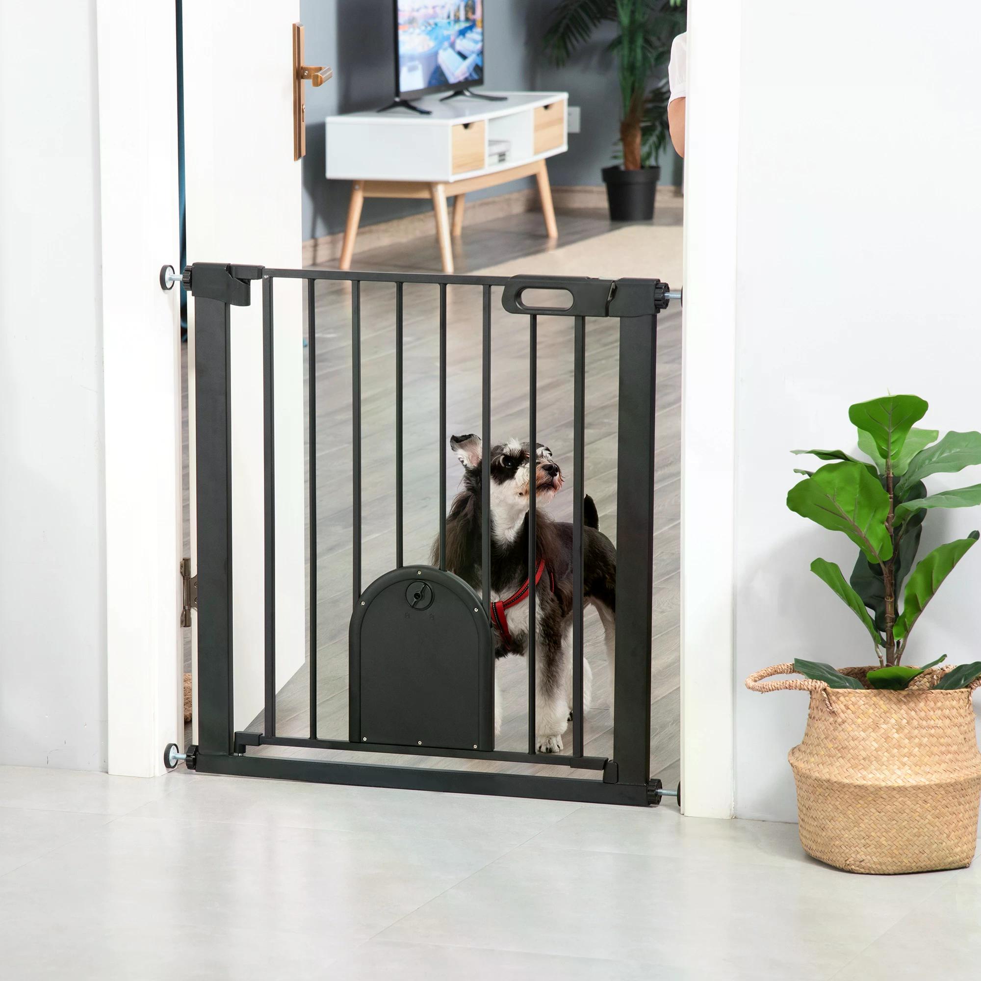 Pet Safety Gate Barrier 75-82 cm Pressure Fit with Small Door, Auto Close & Double Locking for Doorways and Hallways - Black