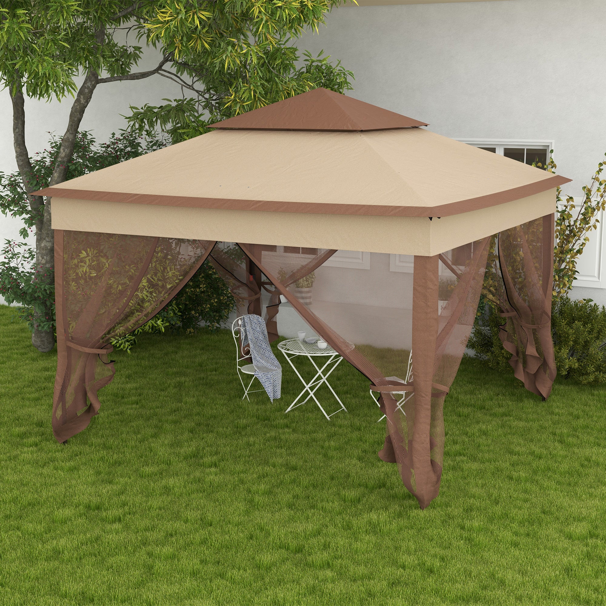 3 x 3 Metre Pop Up Gazebo with Double Roof and Netting - Khaki