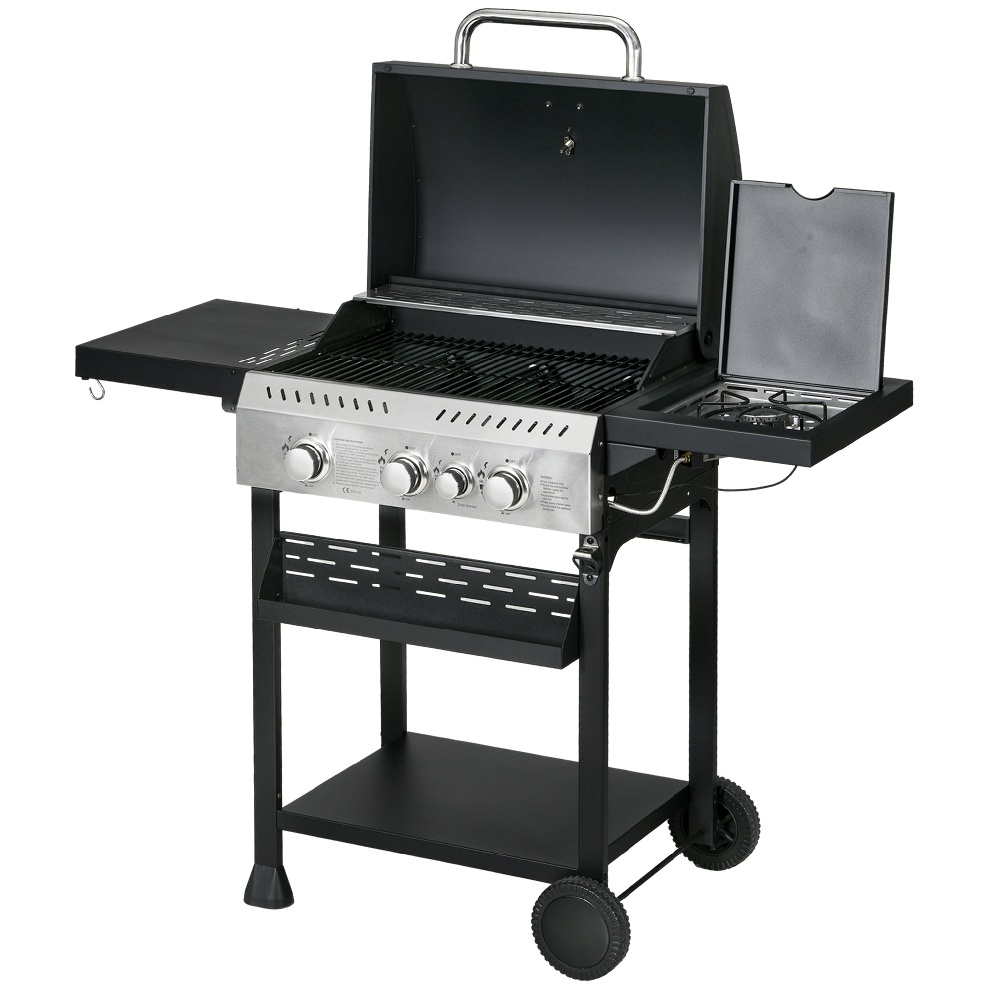 4 Burner Gas BBQ Grill Trolley with Warming Rack - Black Galvanised Steel