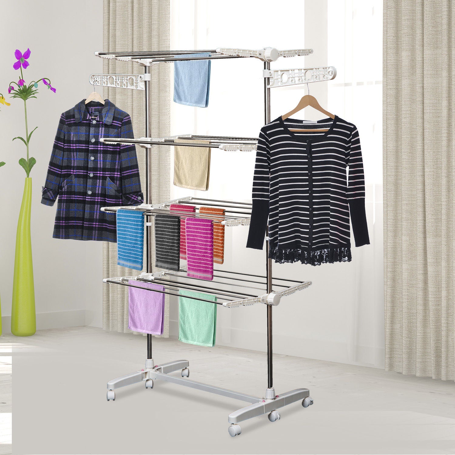Adjustable 4-Layer Folding Garment Rack with Wheels - White & Silver