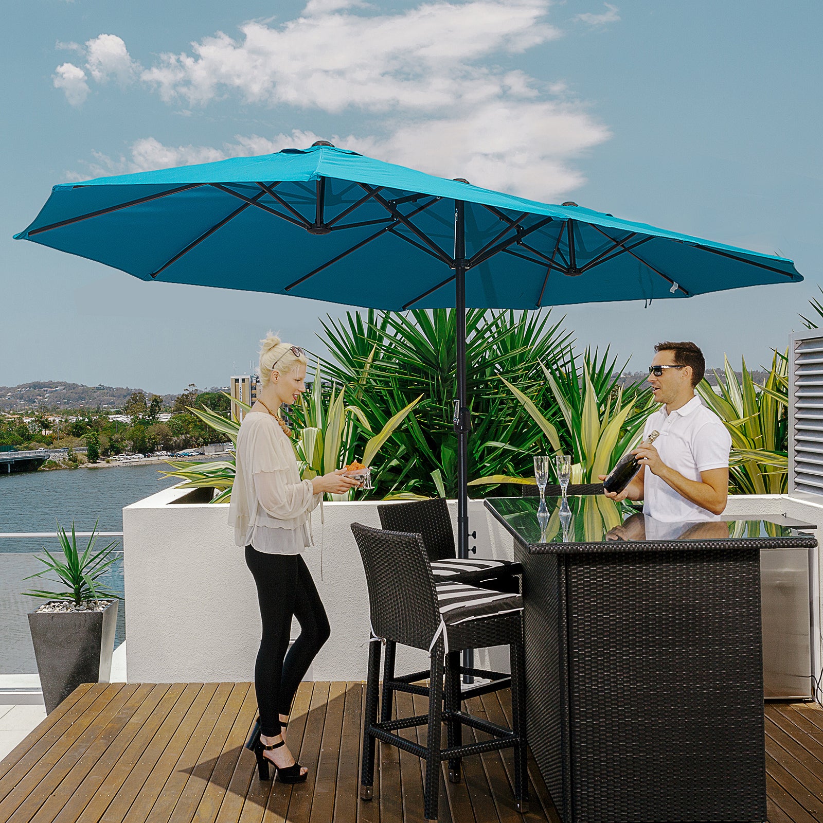 4.6m Double-Sided Patio Parasol Sun Umbrella - Blue