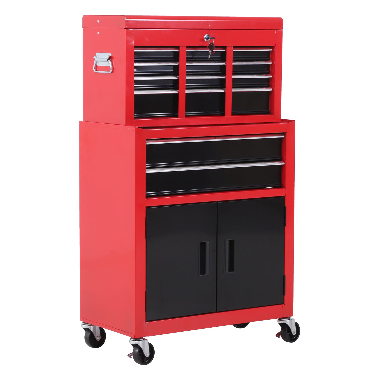 Metal Tool Chest Cabinet with 6 Drawers, Pegboard & Roller Combo 61.6x33x108cm - Red