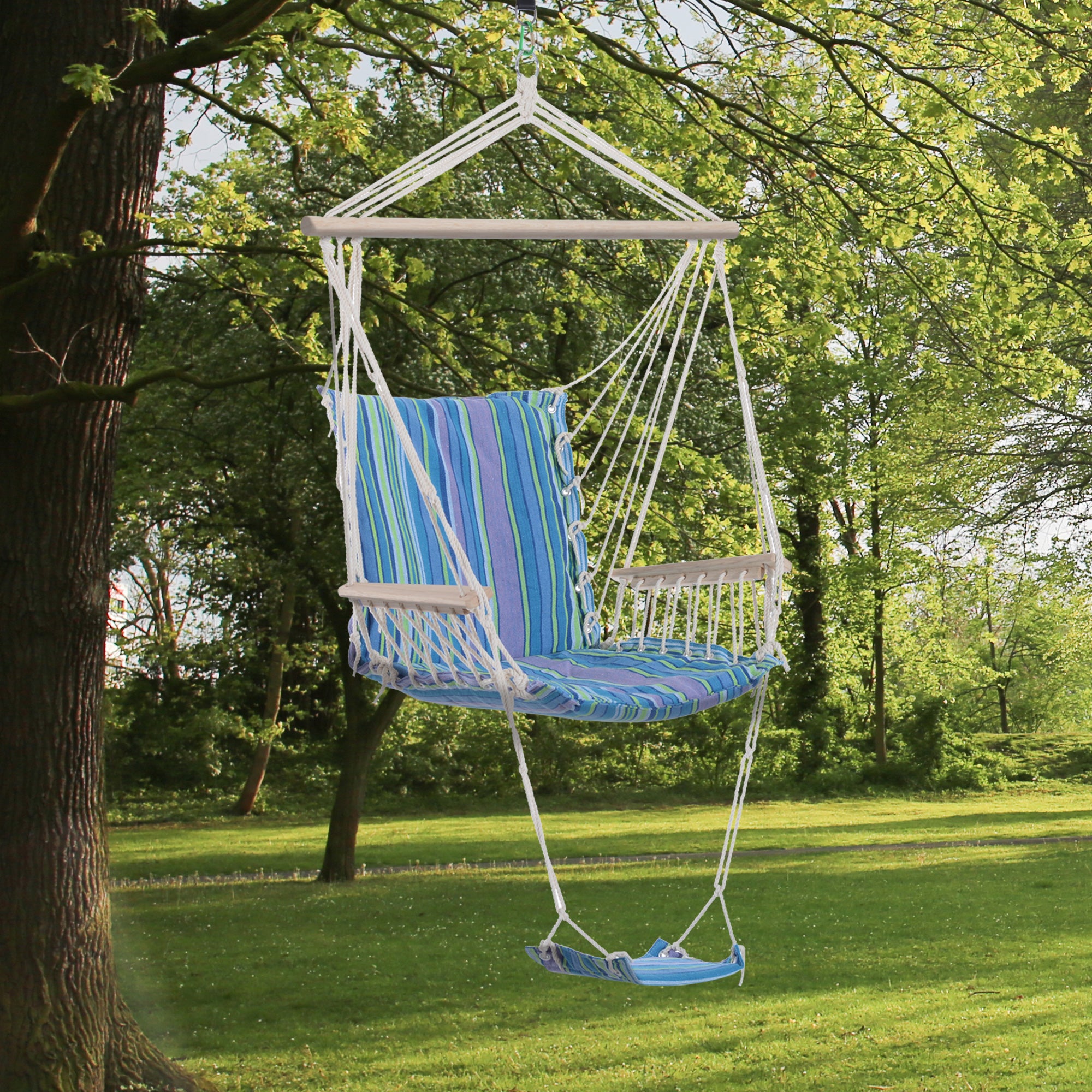 Outdoor Hammock Hanging Rope Chair with Footrest and Armrest - Blue Cotton