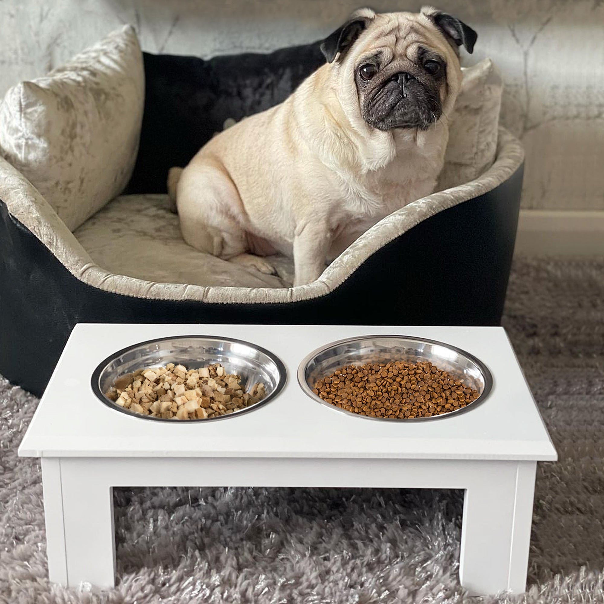 Stainless Steel Elevated Pet Feeder 43.7x24x15 cm with Double Bowls - White