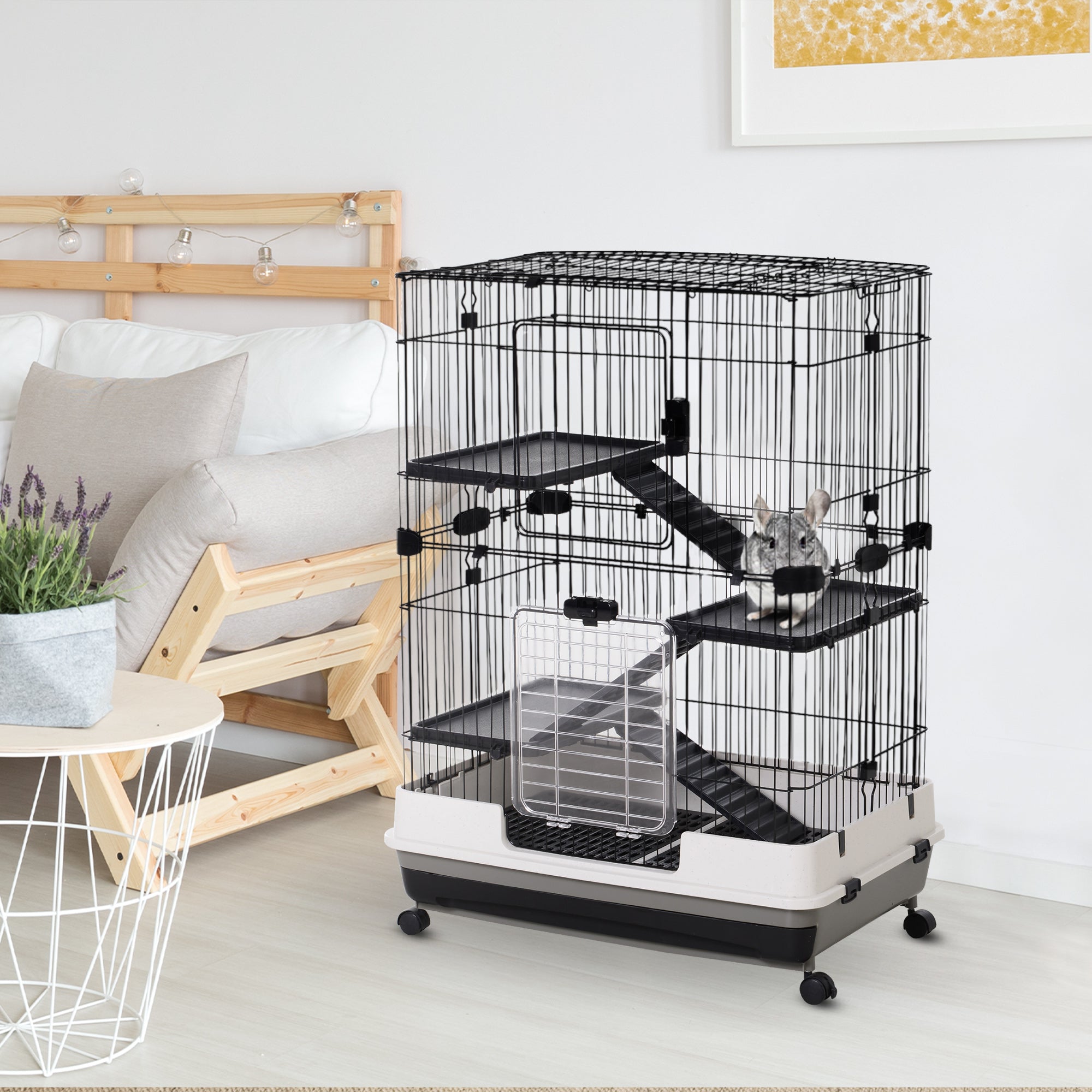 3 Tier Rolling Small Animal Cage with Platform Ramp and Removable Tray 81.2 x 52.7 x 110 cm - Black White