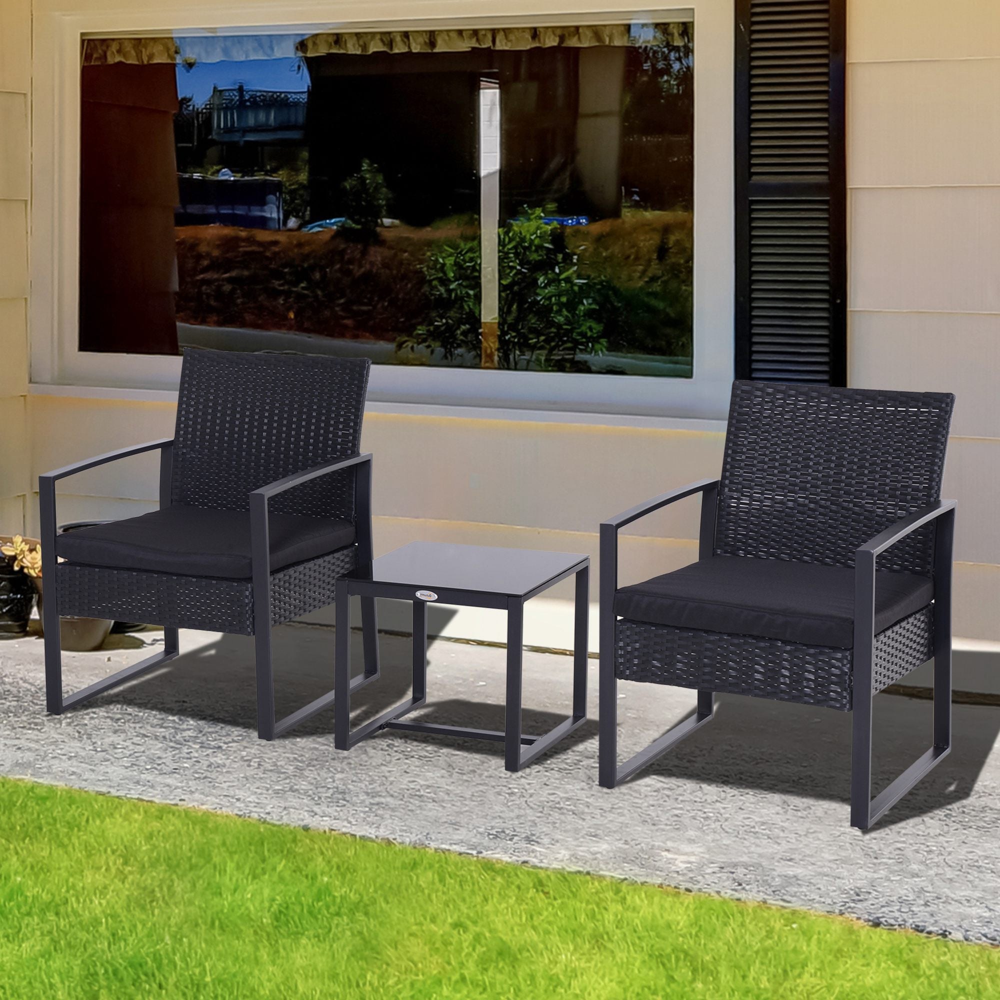 3 Piece Rattan Bistro Set with Cushions and Glass Table Top - Black