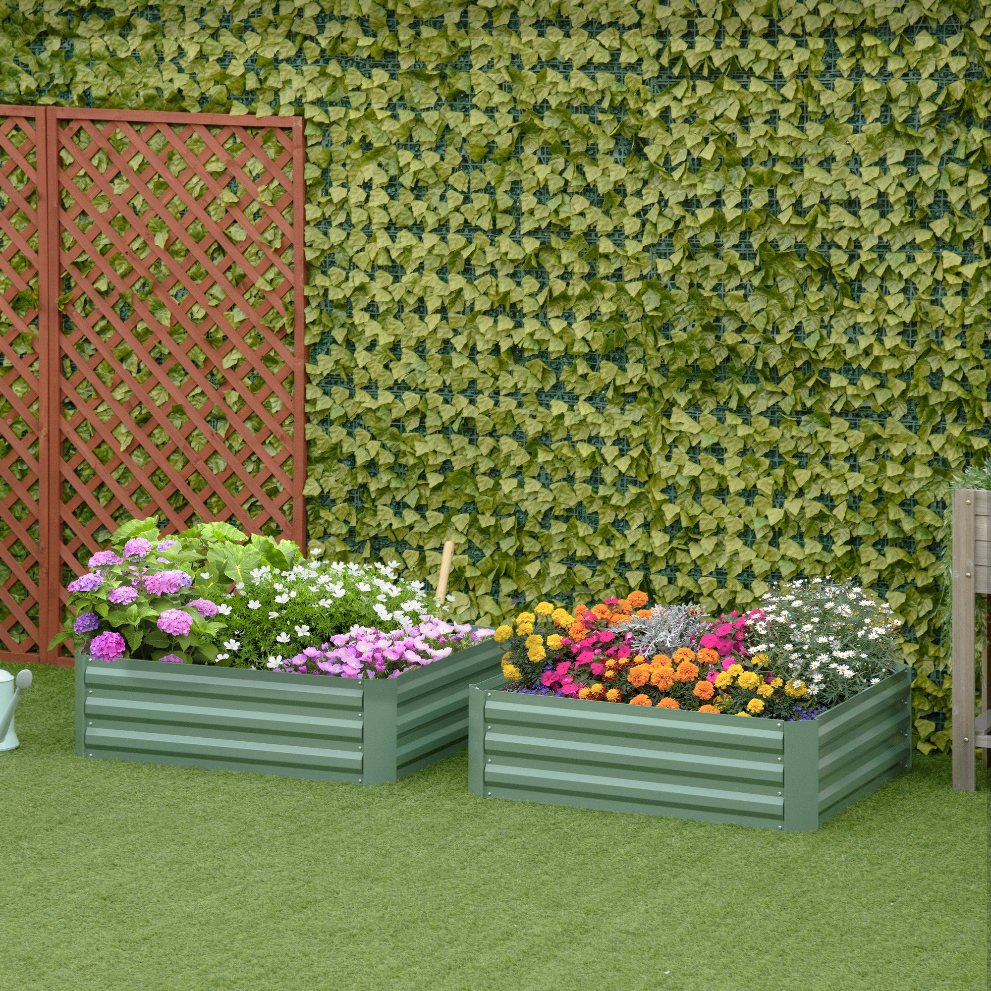 Set of 2 Raised Garden Beds 100x100x30cm Open Bottom Galvanised Planters - Green