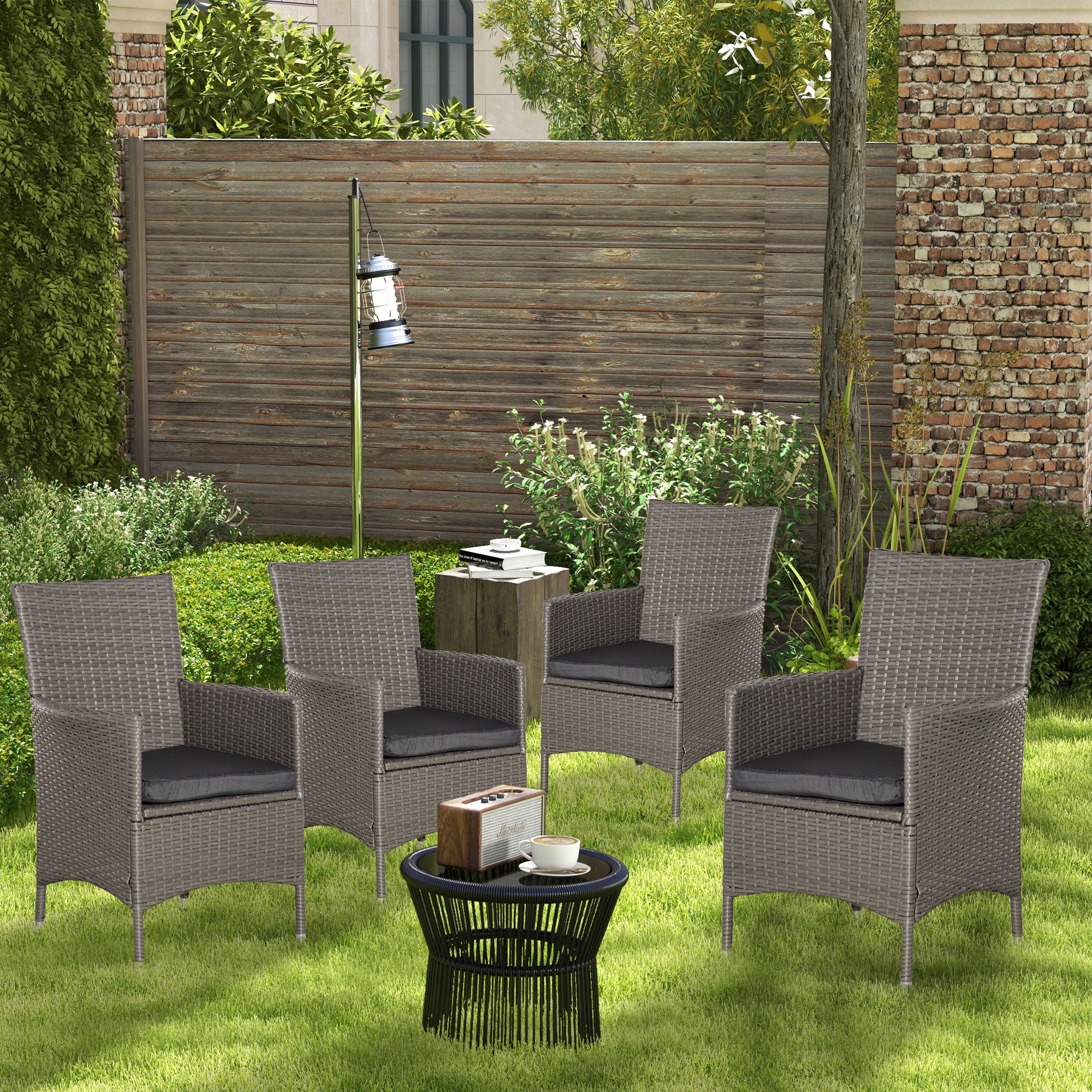 4 Piece Cushioned Rattan Patio Sofa Set with Metal Frame - Brown