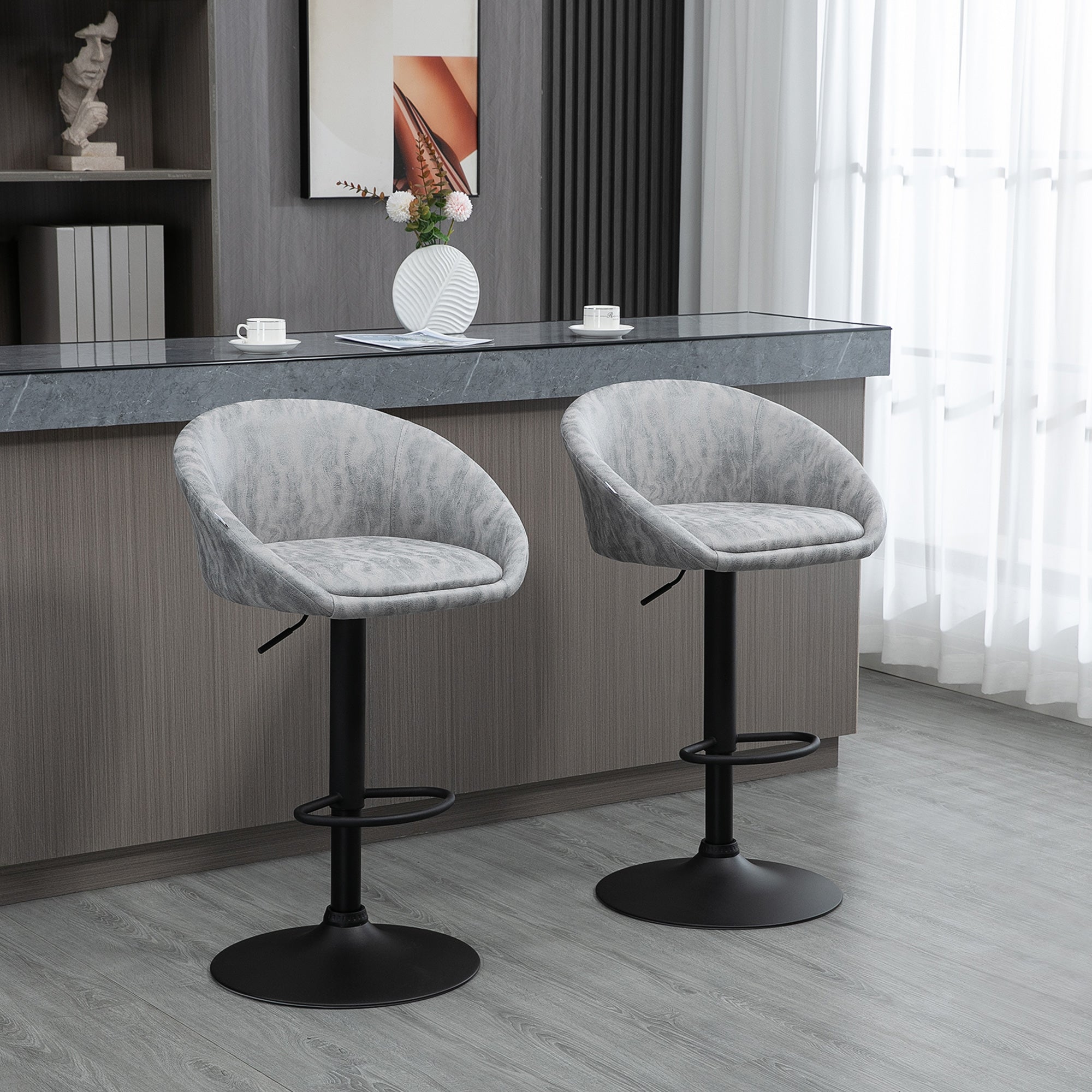 Set of 2 Modern Adjustable Bar Stools with Swivel and Footrest - Light Grey