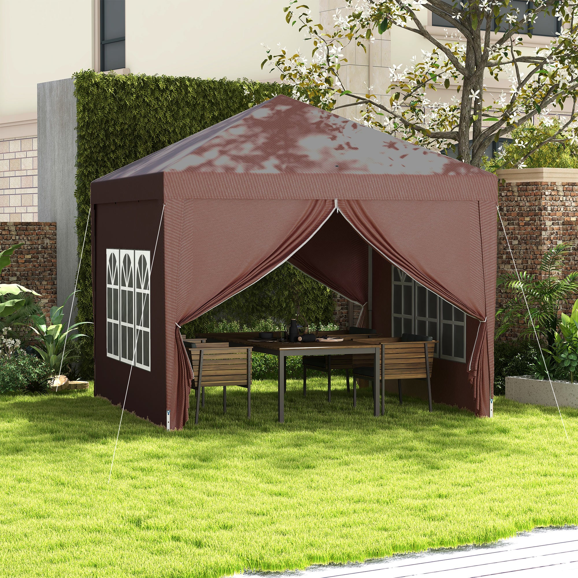 3 Piece Pop Up Gazebo Tent with Windows and Carry Bag - Coffee