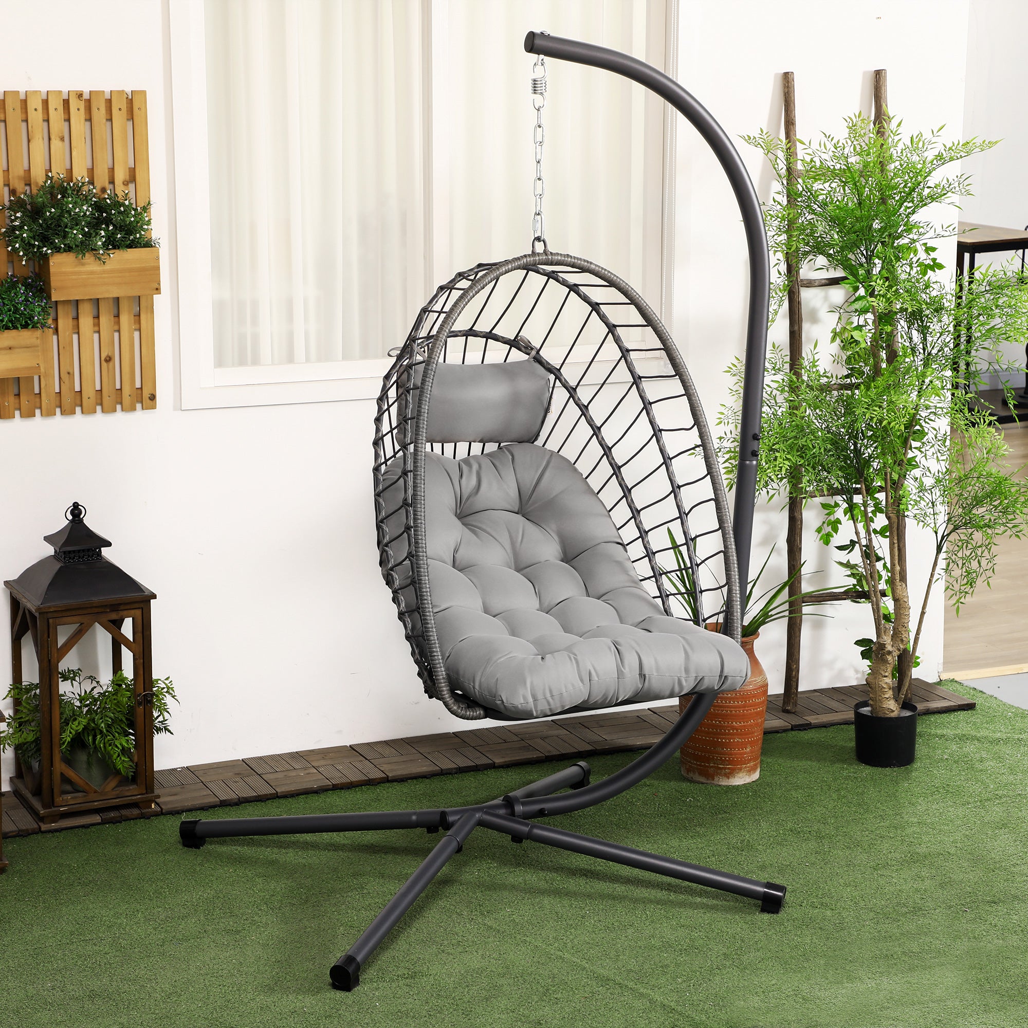 1 Piece Foldable PE Rattan Outdoor Swing Chair with Padded Cushion - Beige