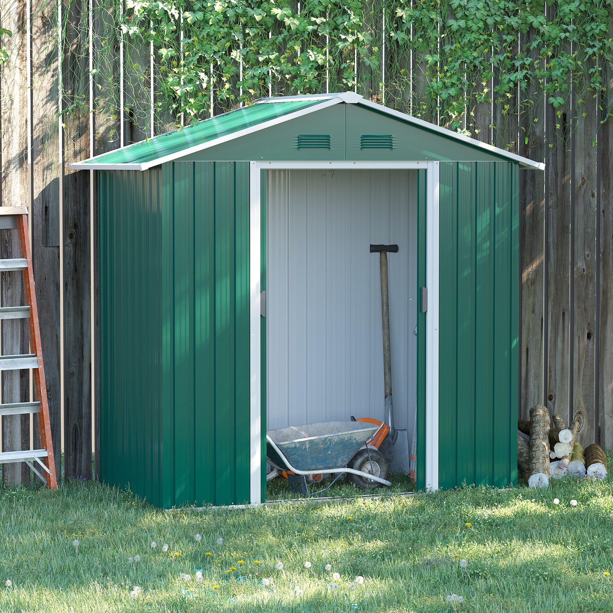 6.5ft Metal Garden Storage Shed with Double Sliding Doors Green
