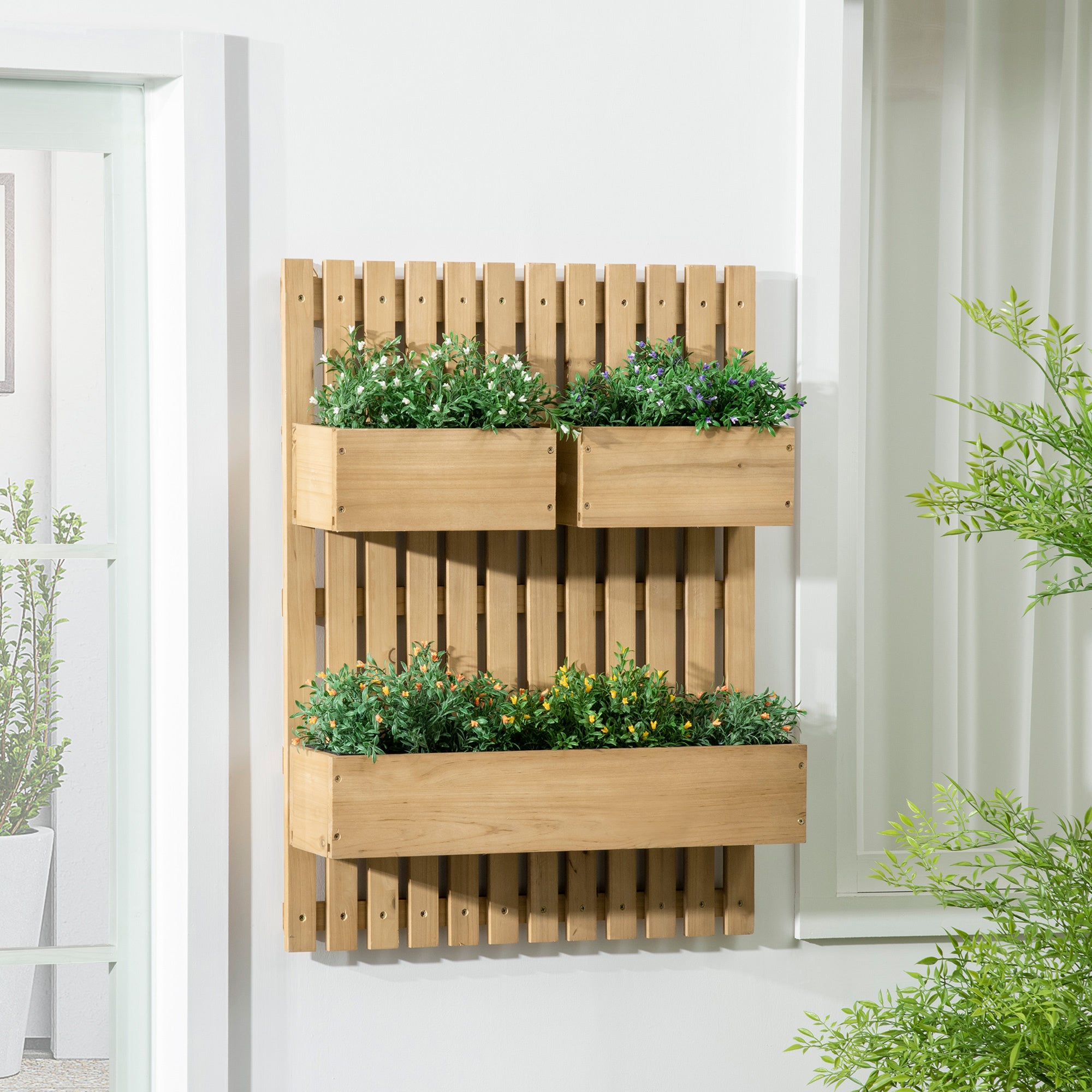 3 Piece Wall-Mounted Wooden Garden Planters with Trellis - Natural