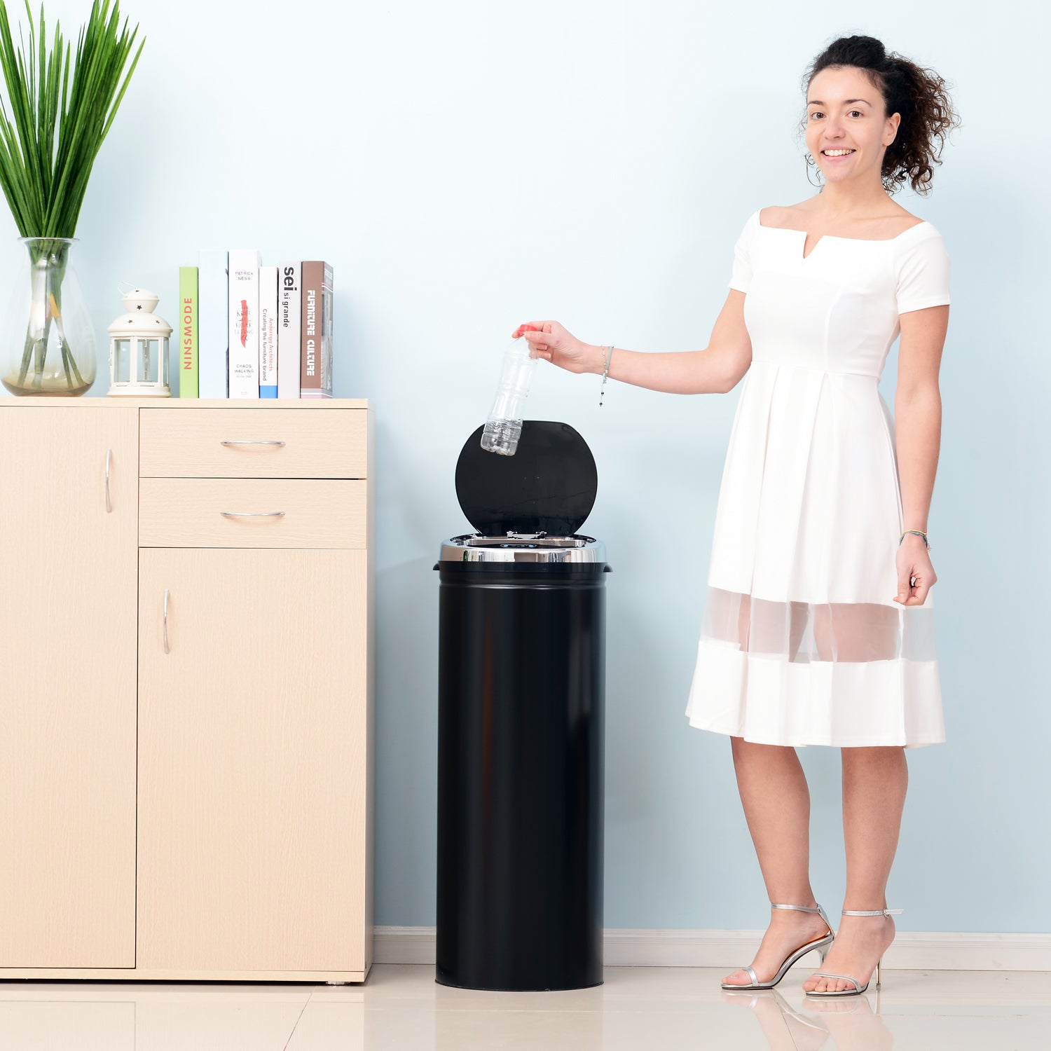 50L Stainless Steel Sensor Trash Can with Inner Bucket - Black