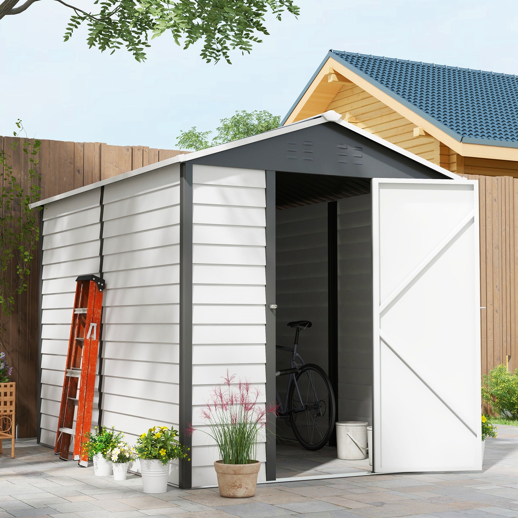 9x6ft Galvanised Metal Outdoor Garden Shed with Lockable Door Dark Grey