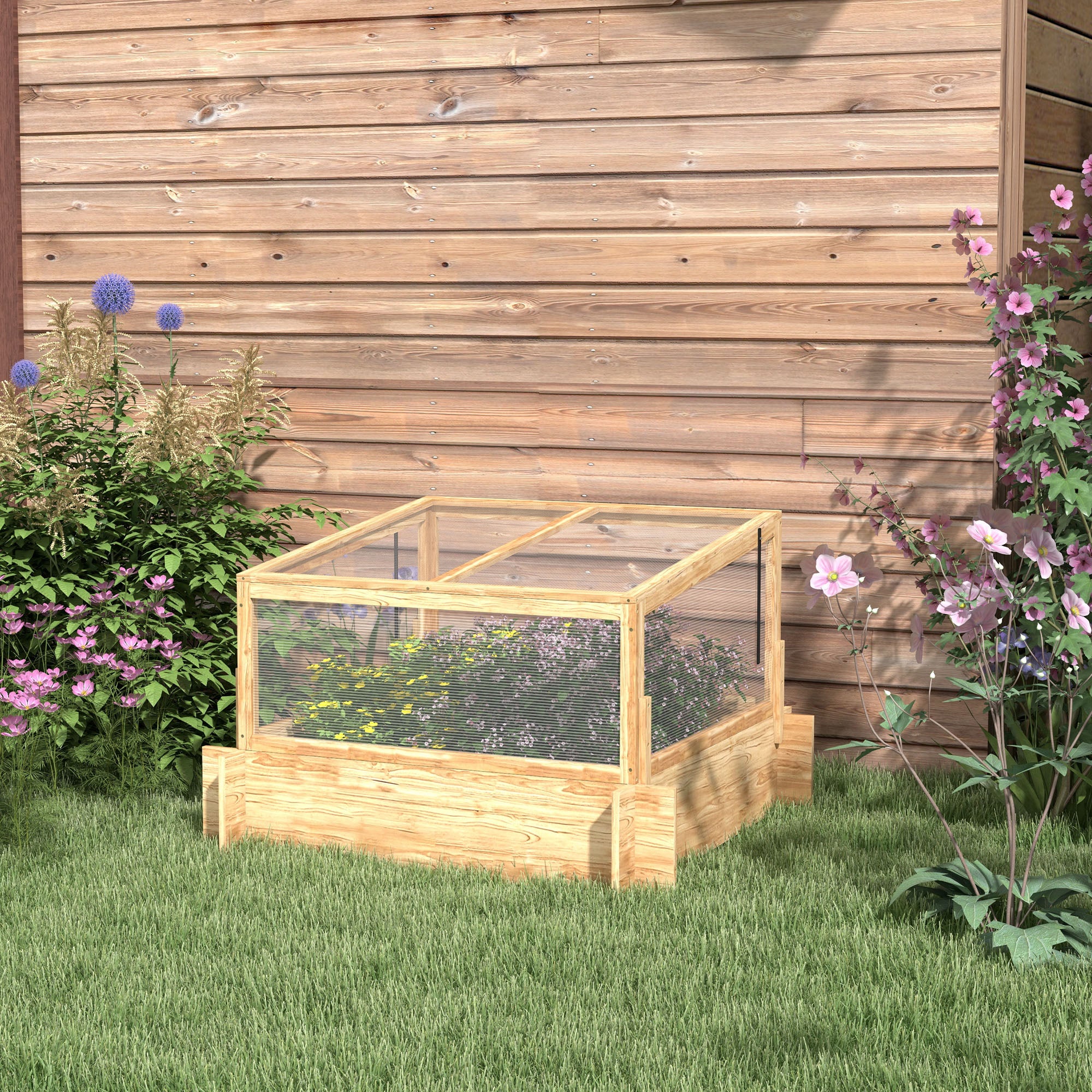 Outdoor Raised Garden Bed with Cold Frame Greenhouse - Wooden Elevated Planter Box