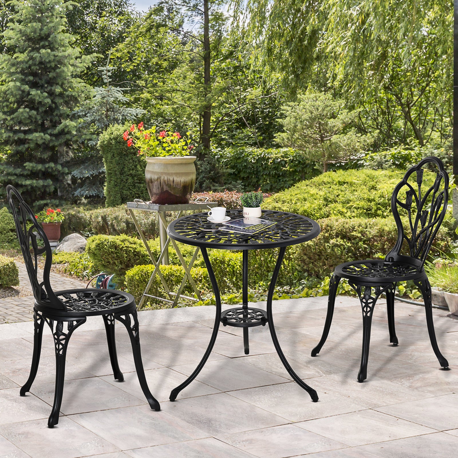 3 Piece Aluminium Outdoor Bistro Set with Umbrella Hole - Black