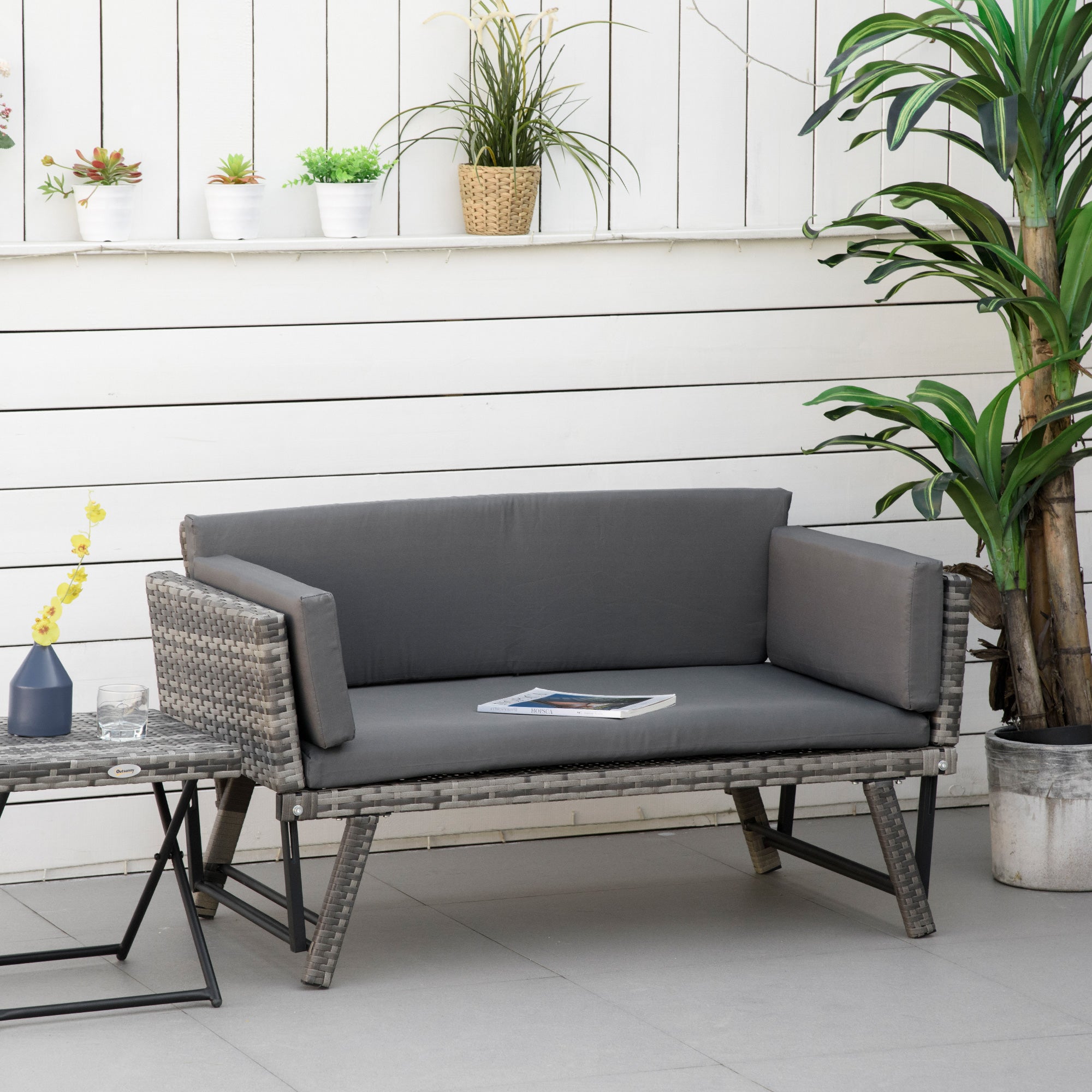 2 Seater Rattan Folding Daybed Sofa Bench with Cushion Grey
