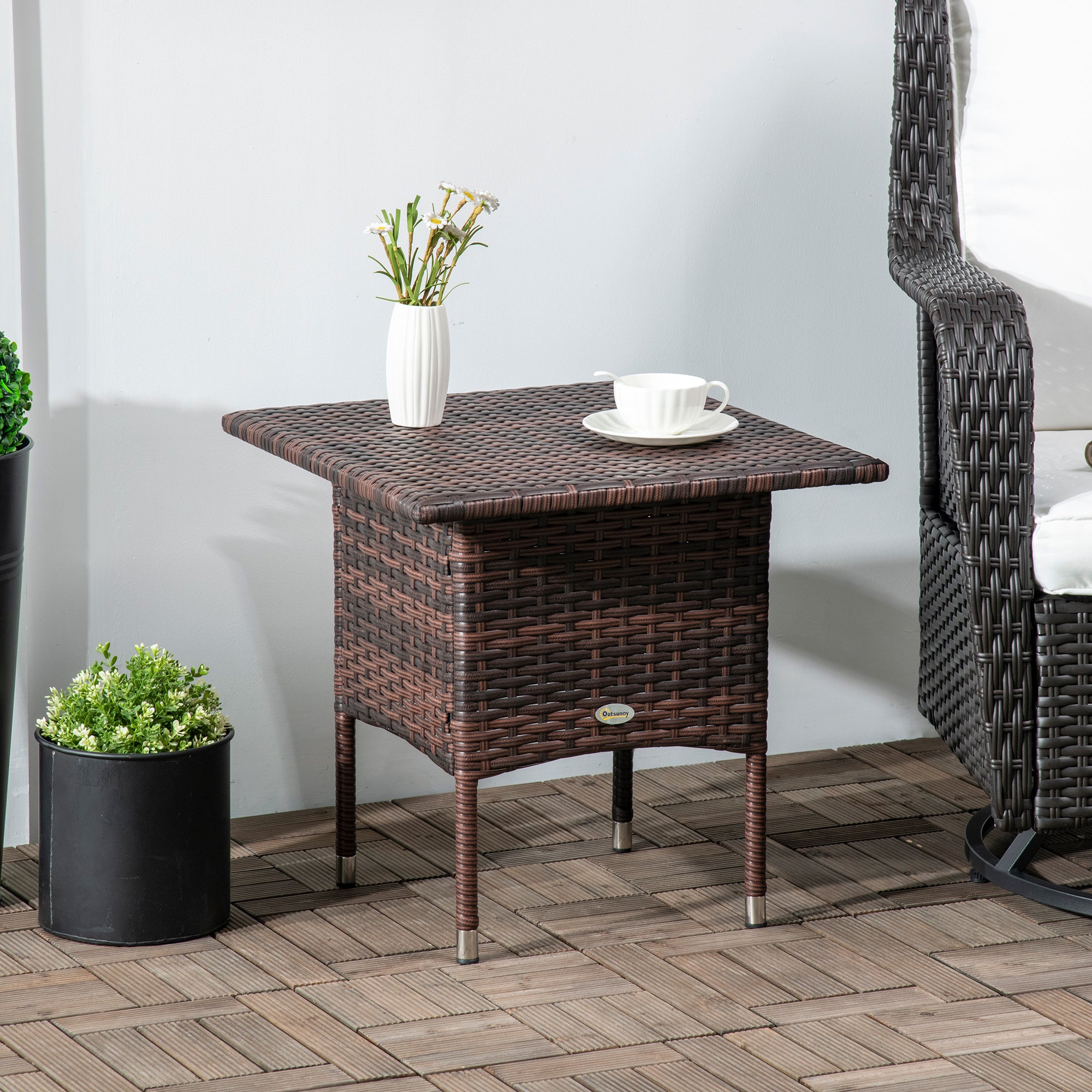 Outdoor Rattan Side Table with Plastic Board - Mixed Brown