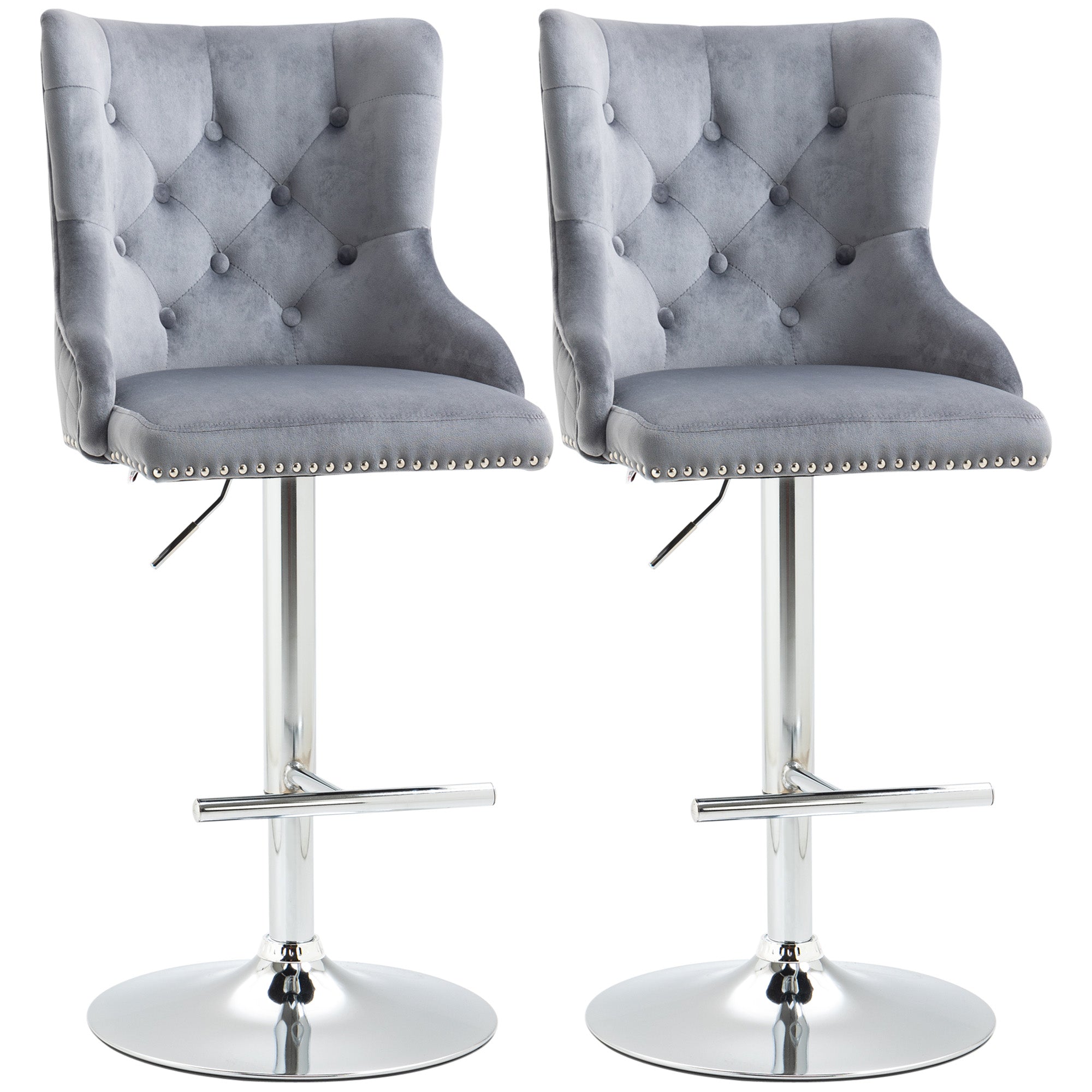 Modern Adjustable Velvet Bar Stools Set of 2 with Footrest - Grey