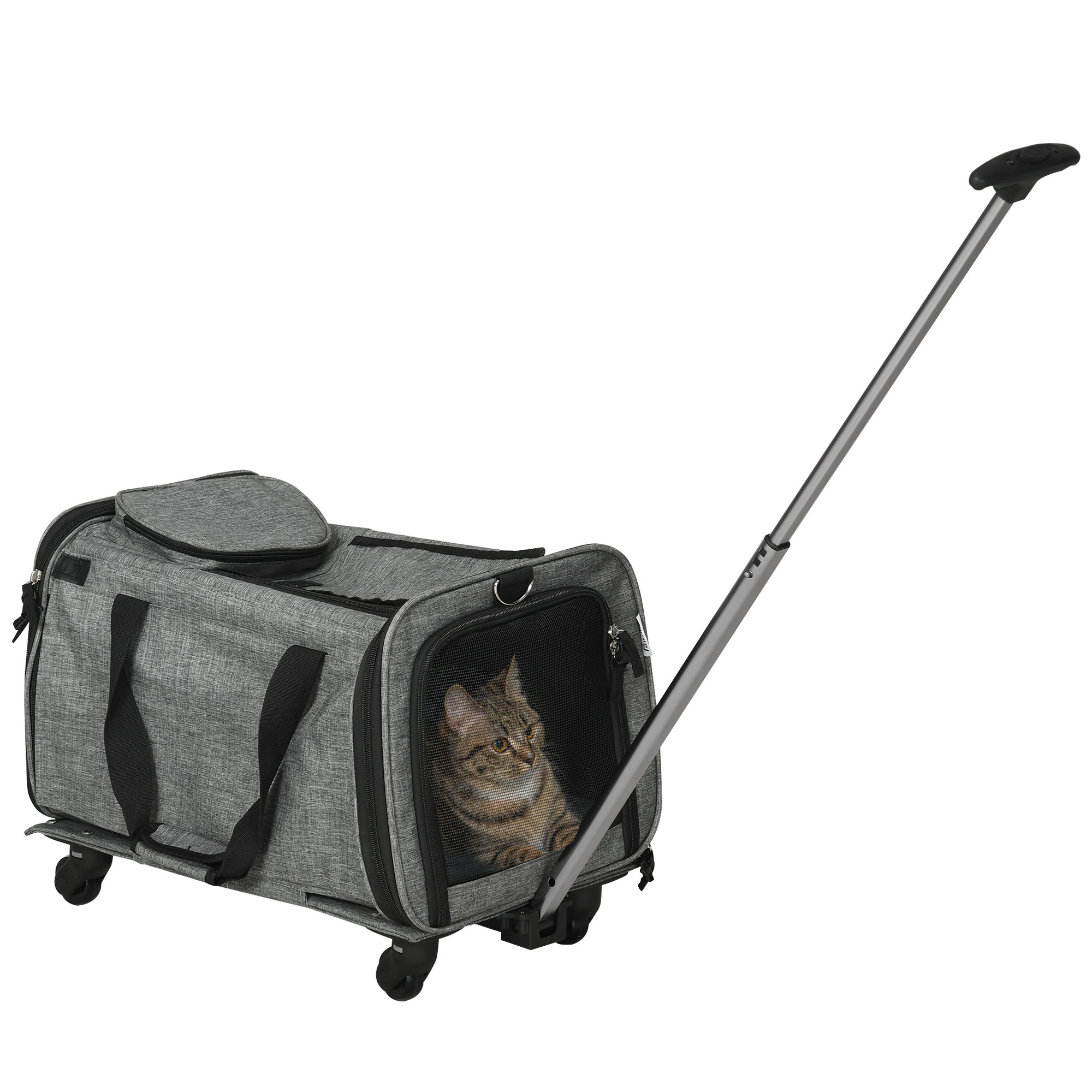 4 in 1 Pet Carrier Portable Cat Carrier Foldable Dog Bag On Wheels for Cats, Miniature Dogs w/ Telescopic Handle, Grey