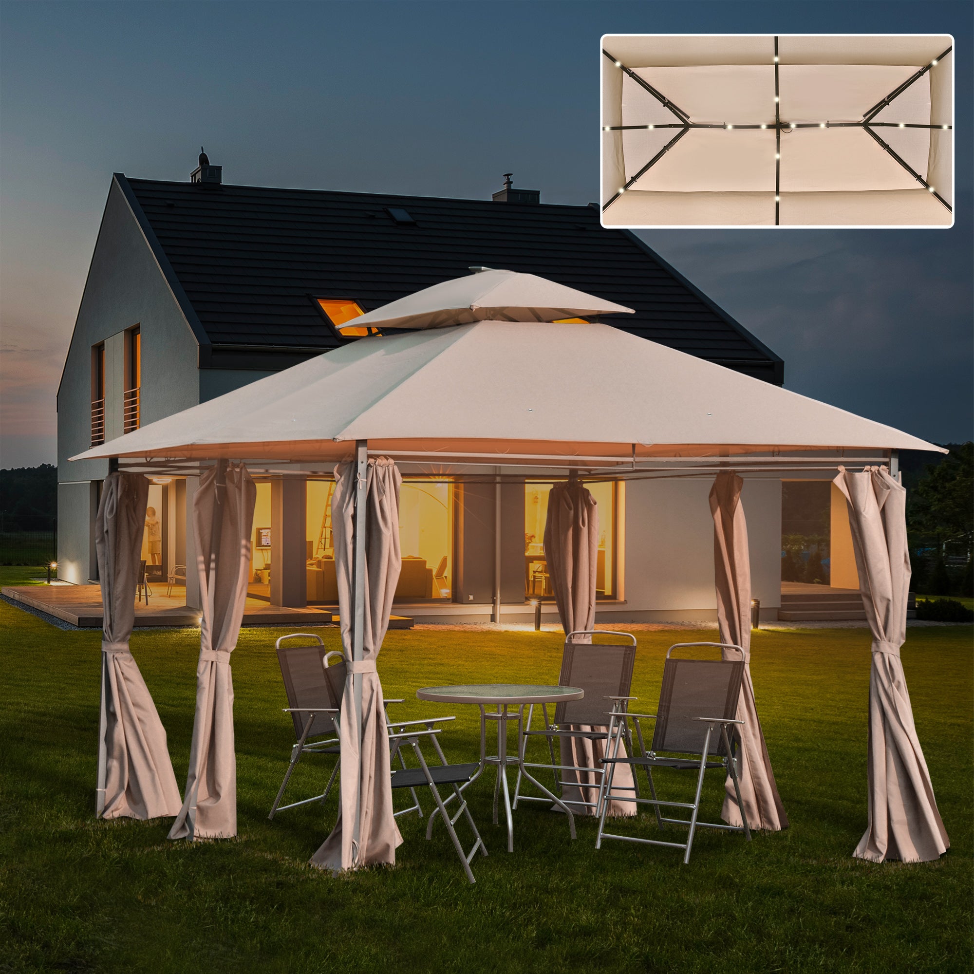 4x3 Metre Outdoor Gazebo Canopy Set with LED Solar Light - Khaki