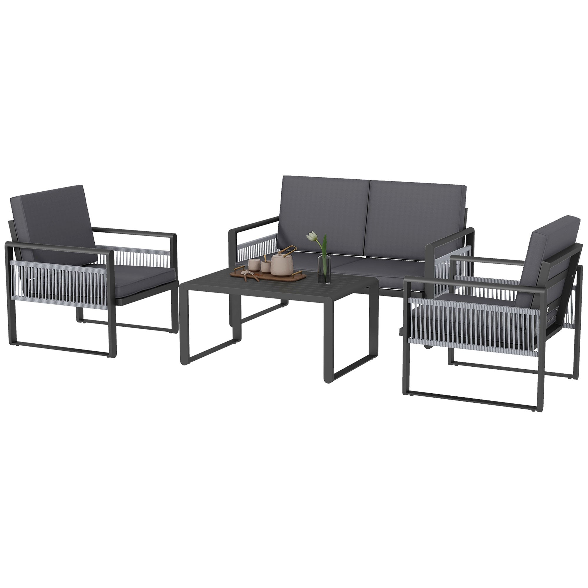 4 Piece Aluminium Garden Dining Set with Padded Cushions - Grey