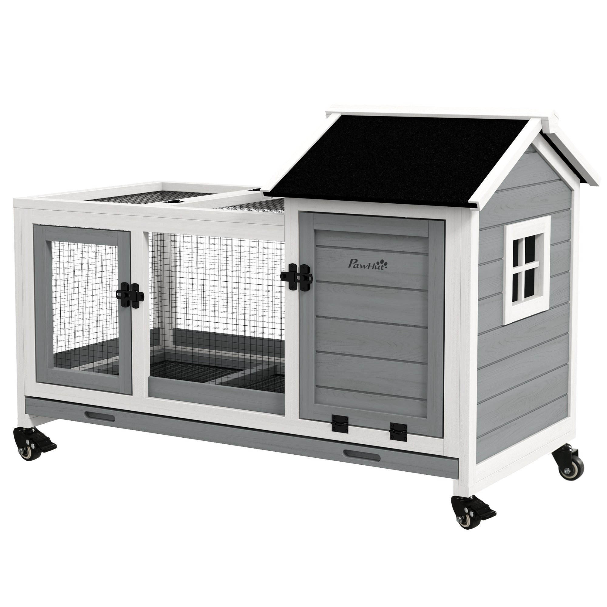 Wooden Rabbit Hutch with Removable Tray and Wheels for Guinea Pigs - Grey