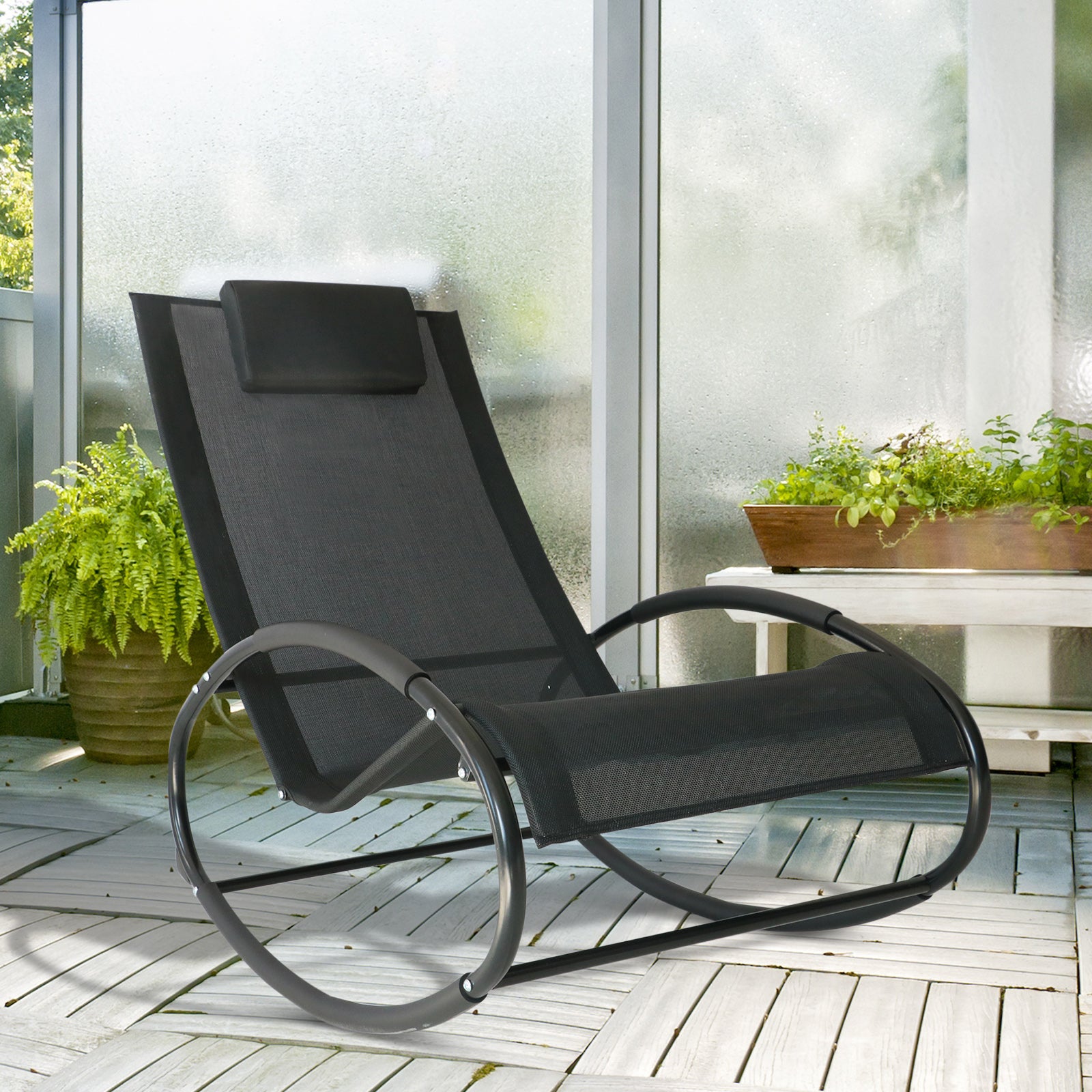 Orbital Rocking Chair Sun Lounger Recliner with Pillow Texteline Patio Garden - Black