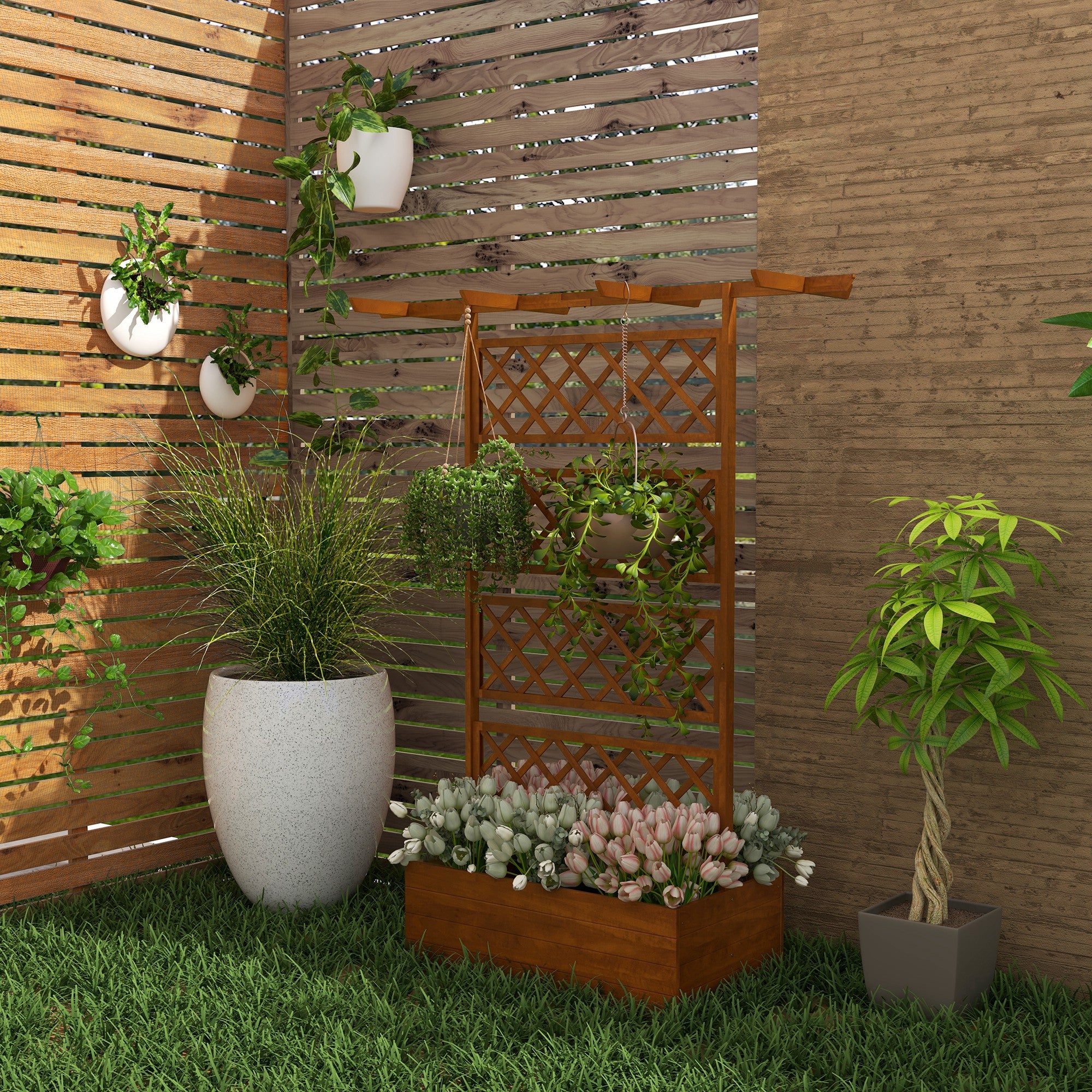 Wooden Raised Garden Bed Planter Box with Trellis and Roof - Orange