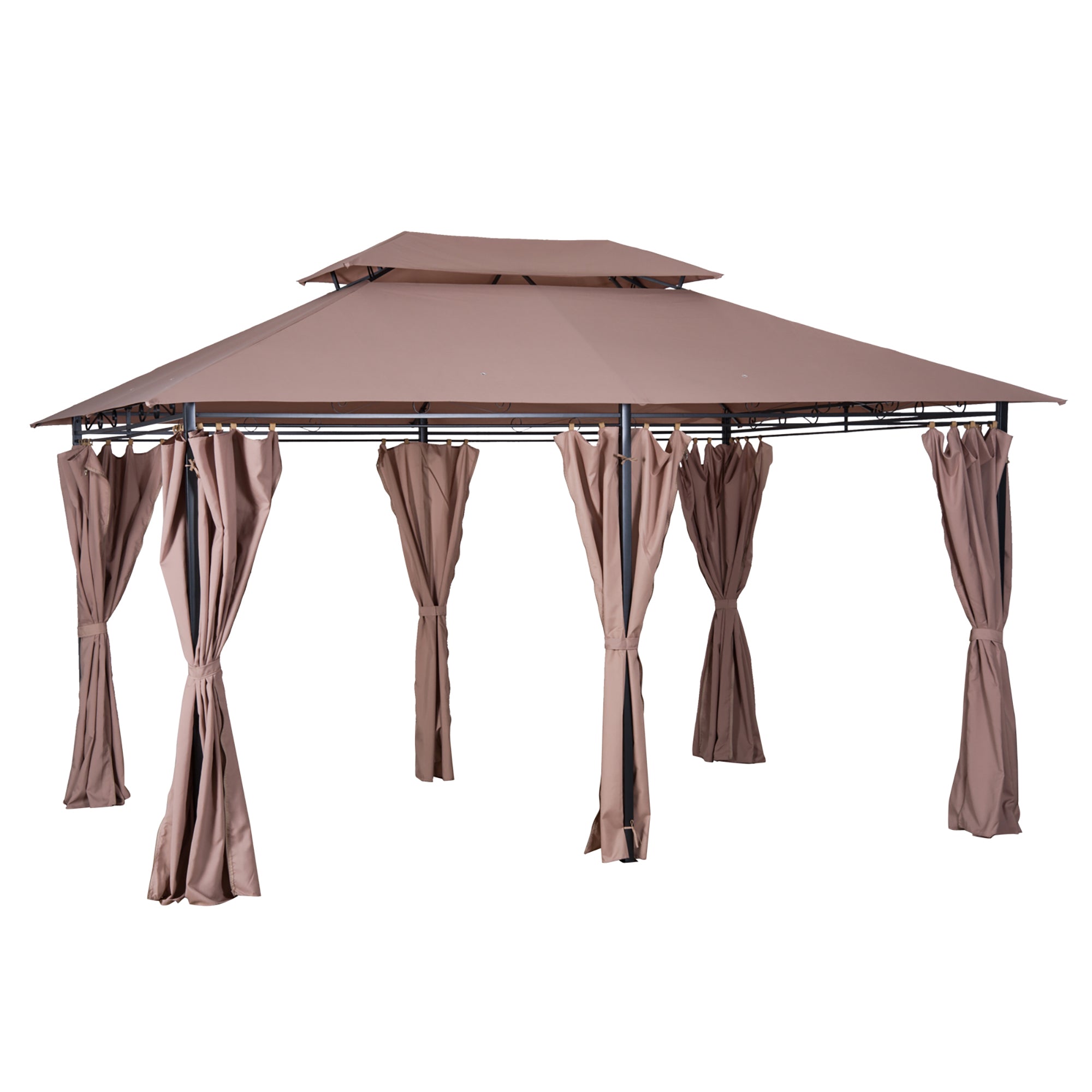 4m x 3m Metal Gazebo Canopy Set with Curtains - Brown