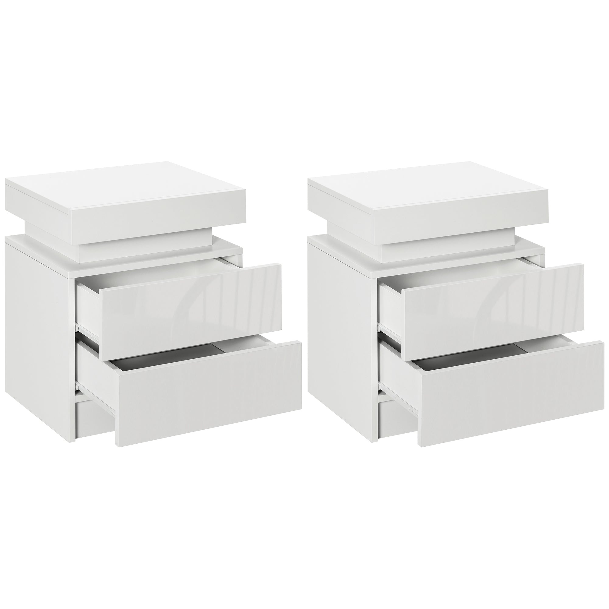 White Bedside Table with LED Light and Two Drawers - High Gloss Finish