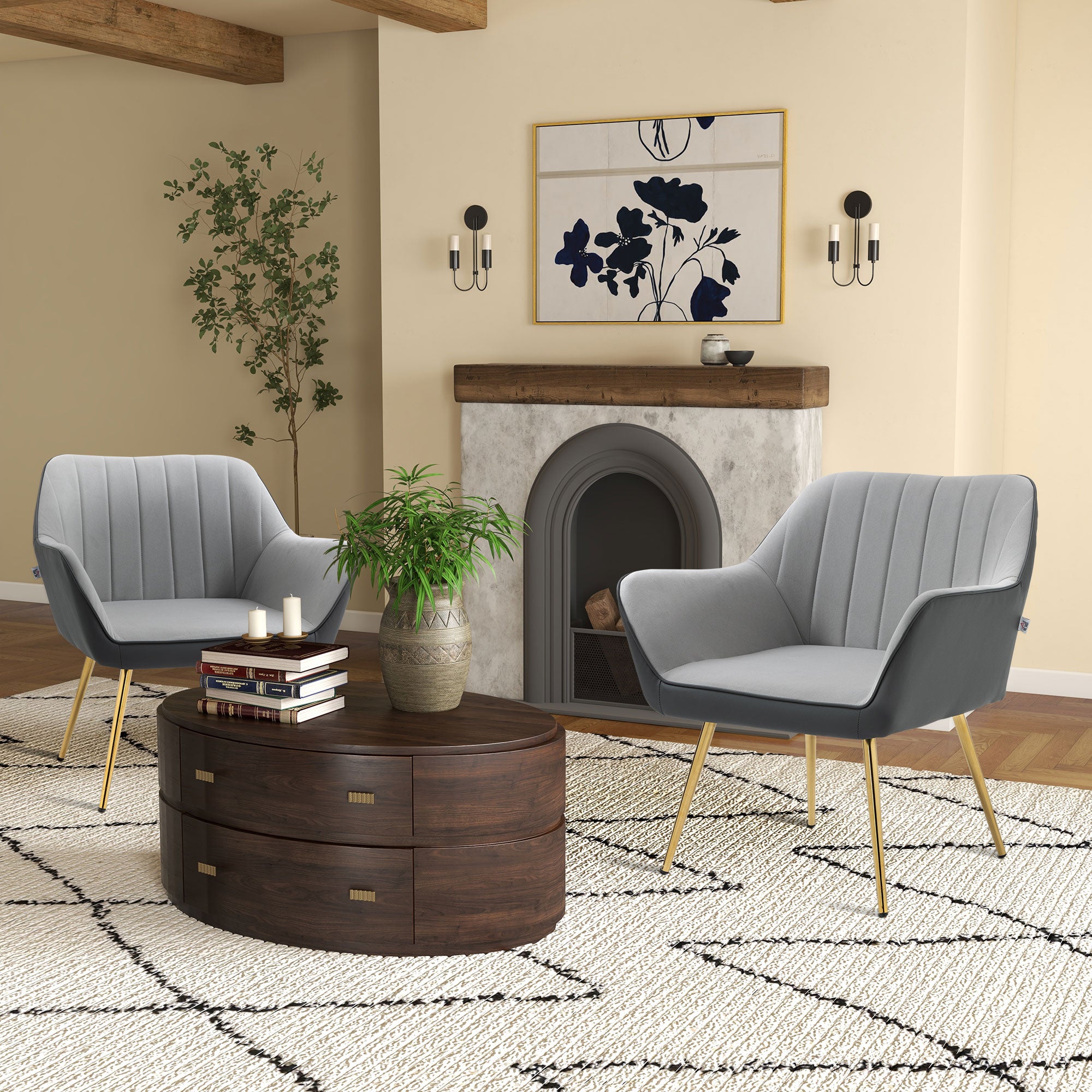 Modern Velvet Armchairs Set of 2 with Golden Steel Legs - Light Grey