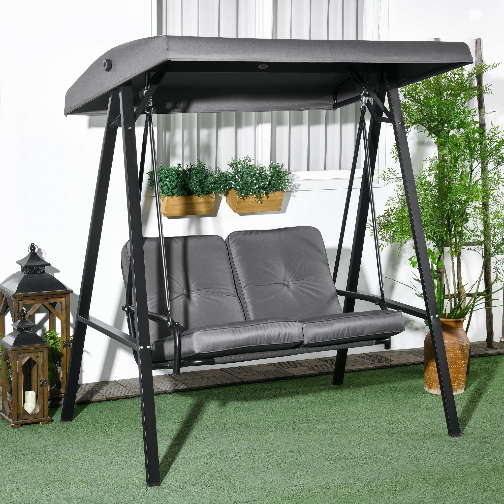 2 Seater Garden Swing Chair Outdoor Hammock Bench with Steel Frame Adjustable Tilting Canopy for Patio, Dark Grey