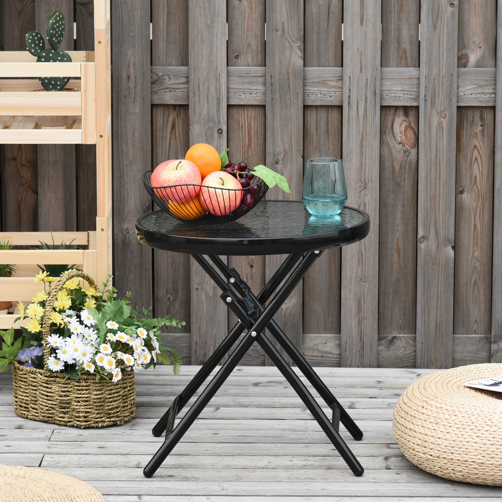 Foldable Round Garden Table with Glass Top and Safety Buckle for Patio Indoor Outdoor - Black