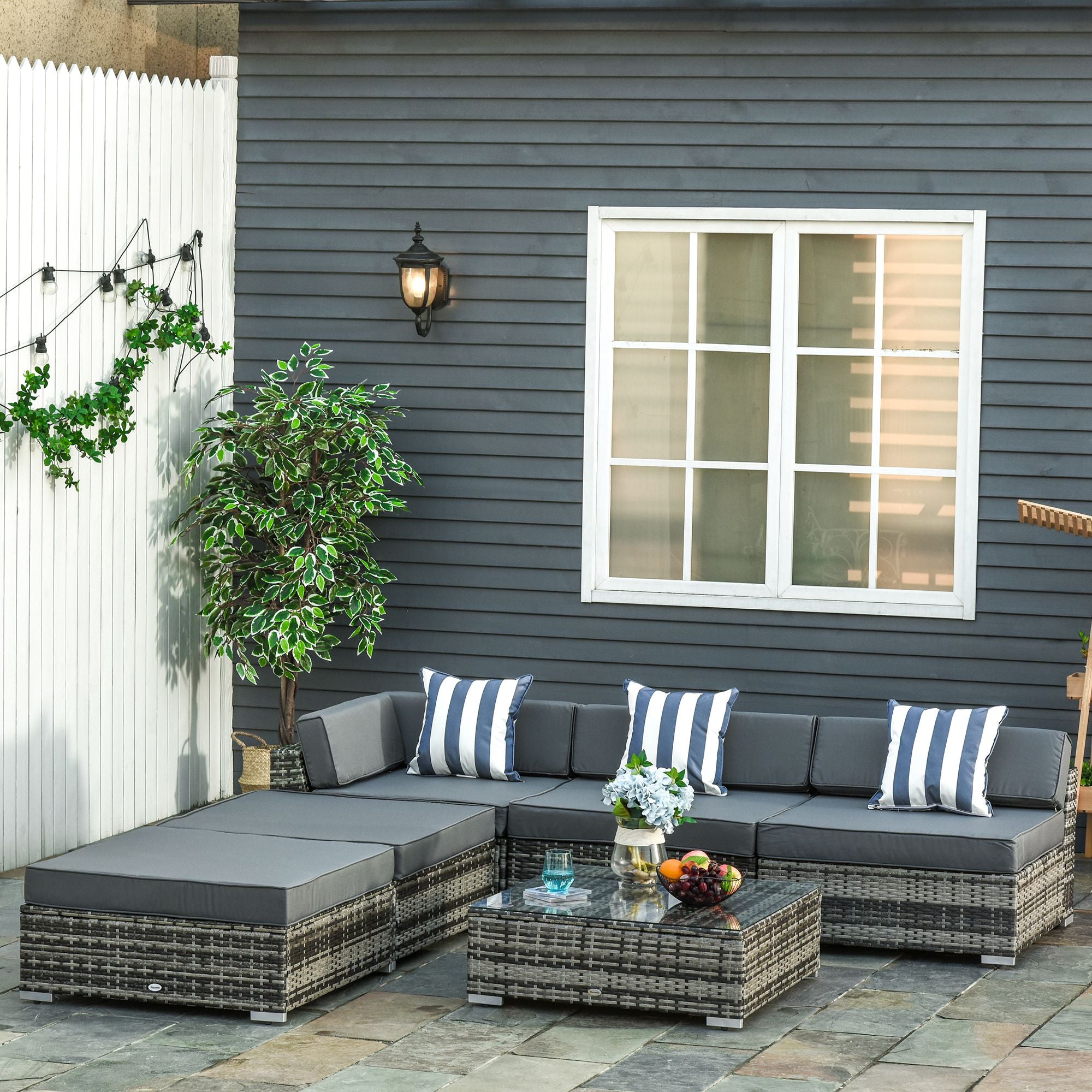 6 Piece Rattan Garden Sofa Set with Coffee Table and Cushions Grey
