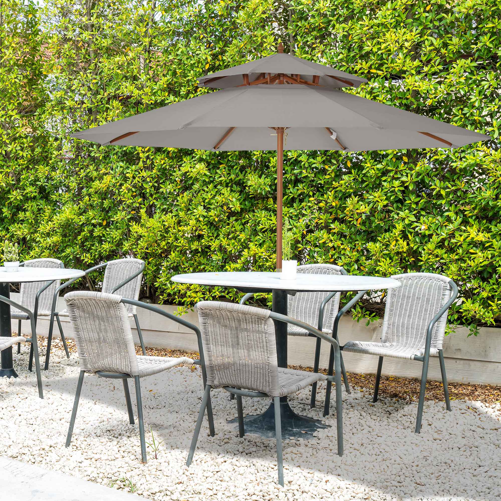 2.7 Metre Double Tier Wooden Garden Parasol with Grey Canopy - Grey
