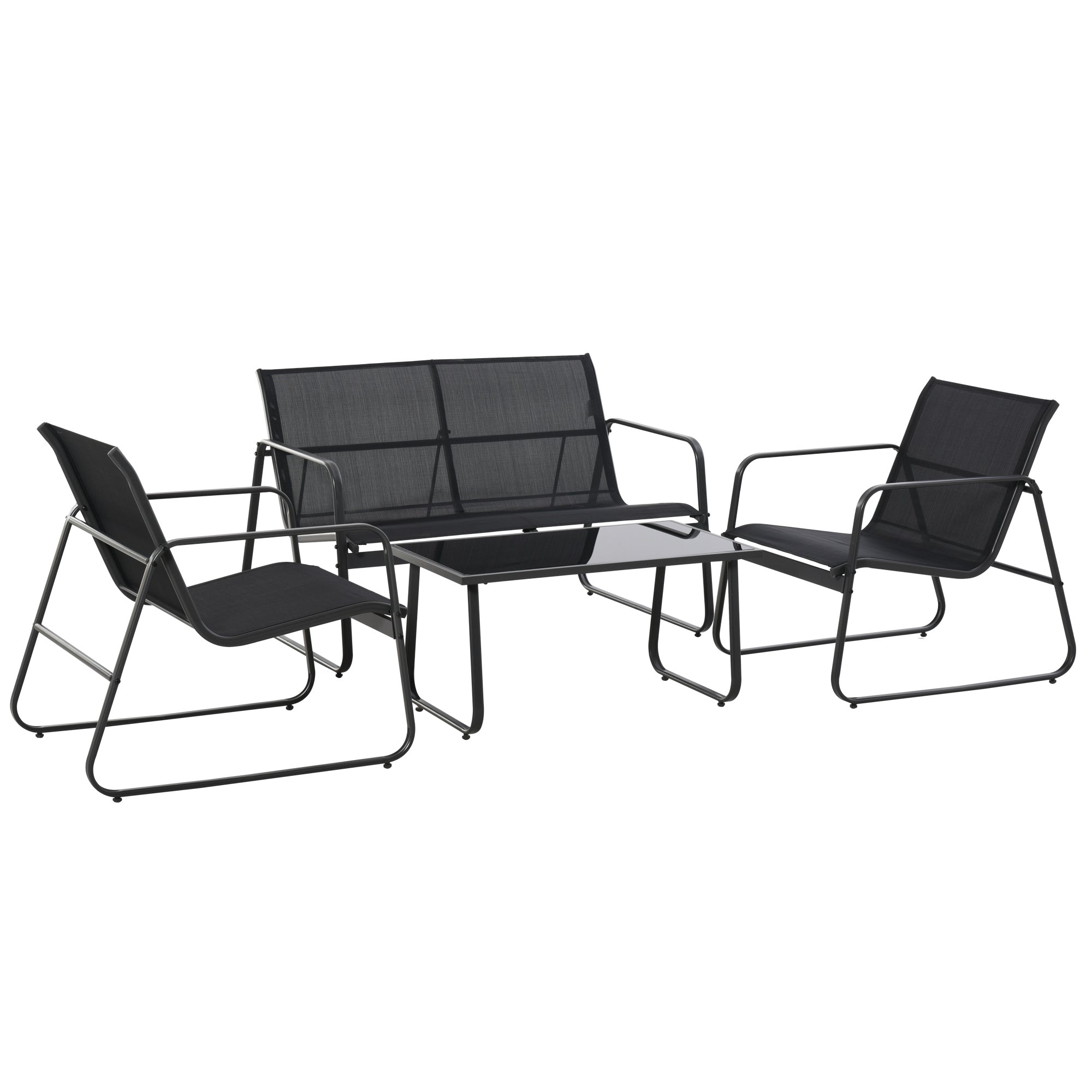 4 Piece Outdoor Garden Furniture Set with Double and Single Chairs & Glass Top Table - Black
