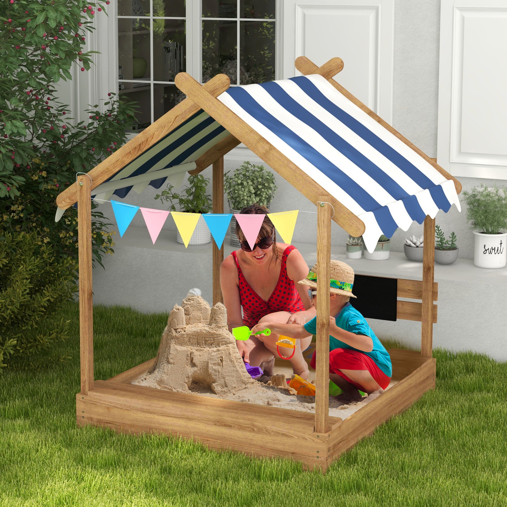 Wooden Sandbox with Weather-Resistant Canopy and Accessories - Brown