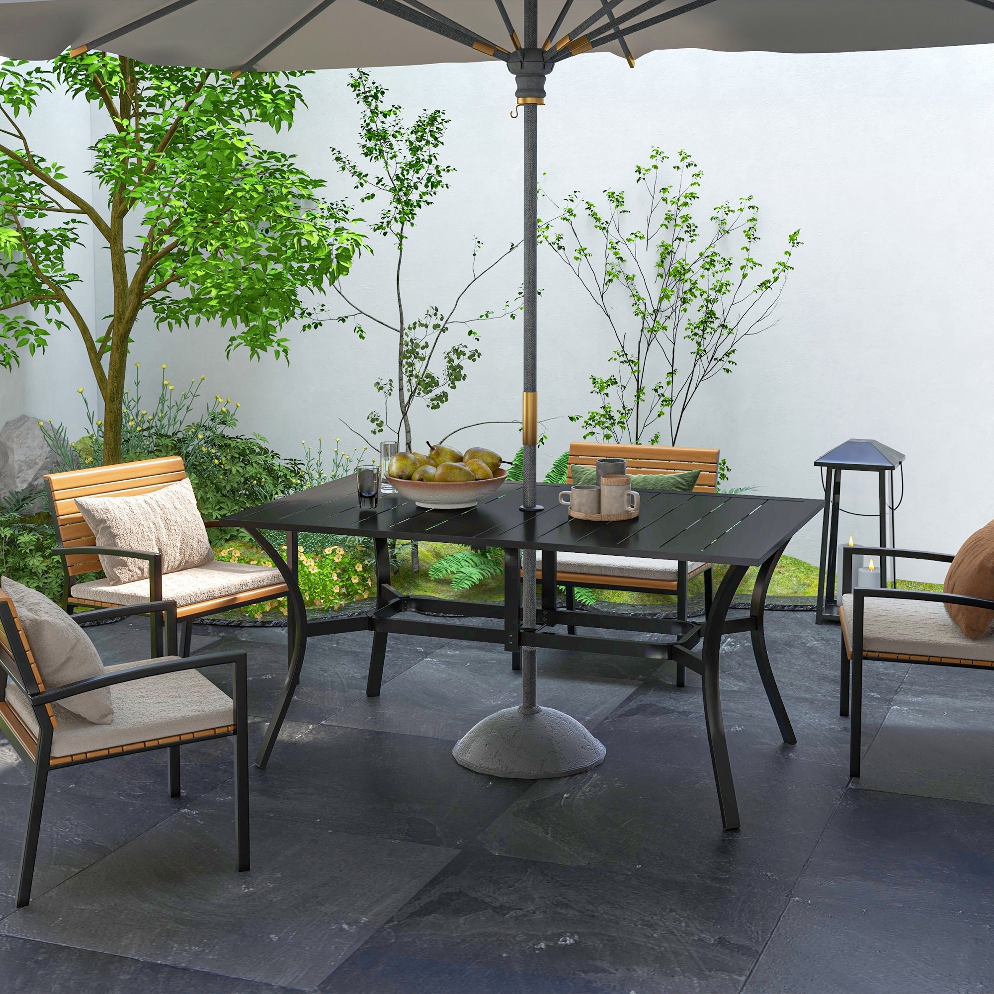 Rectangle 6-Seater Garden Dining Table with Parasol Hole 150x90cm - Black Steel