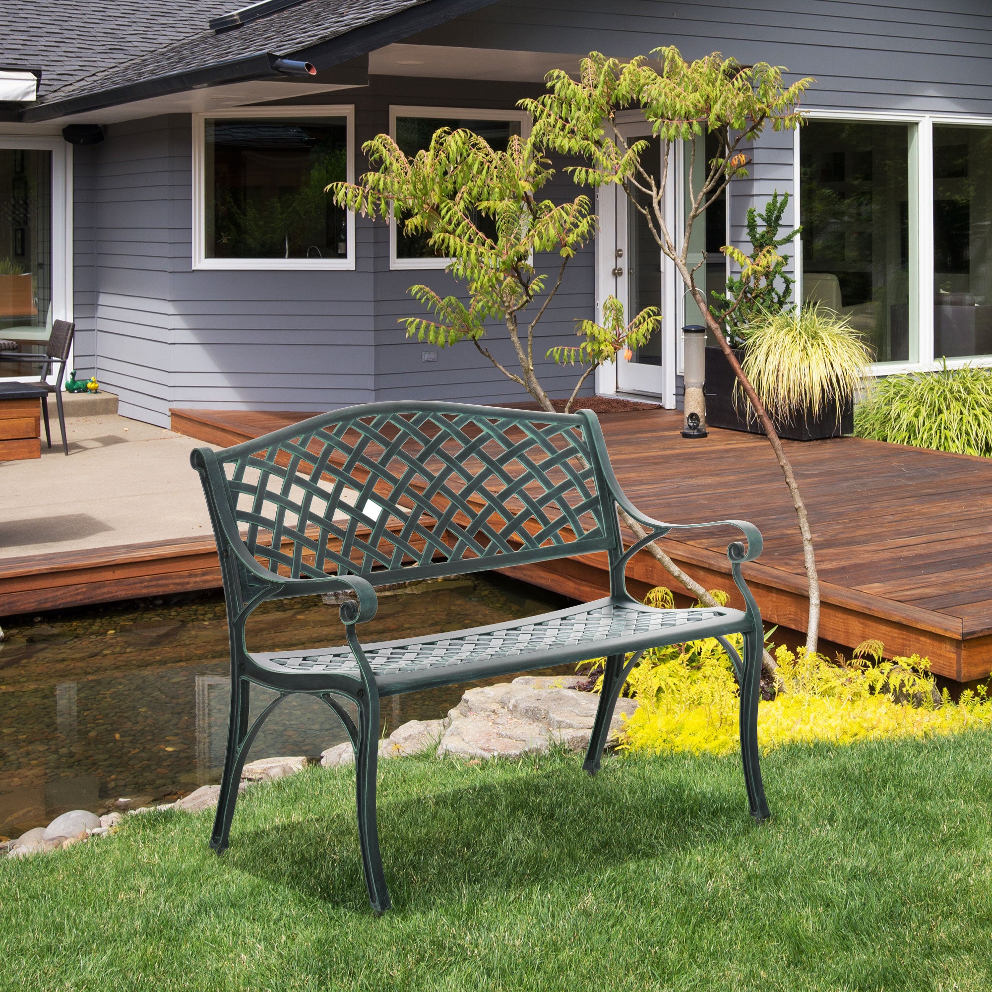 Cast Aluminium 2-Seater Outdoor Garden Bench Antique Patio Loveseat - Verdigris