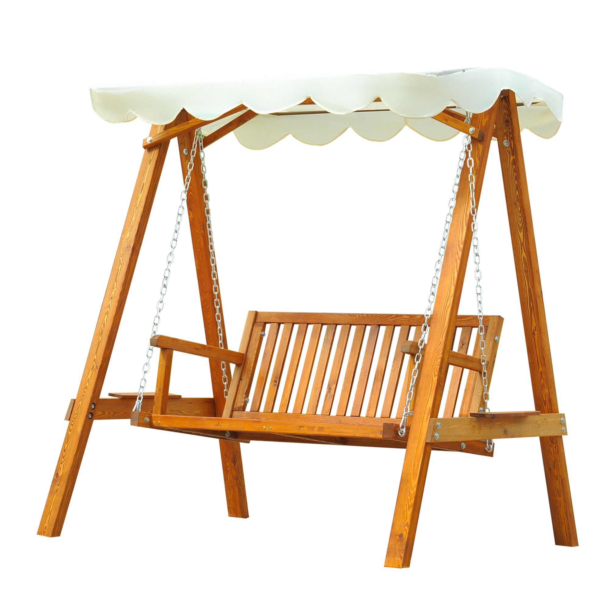 2 Seater Wooden Garden Swing Seat with Canopy Outdoor Hammock Bench - Cream White
