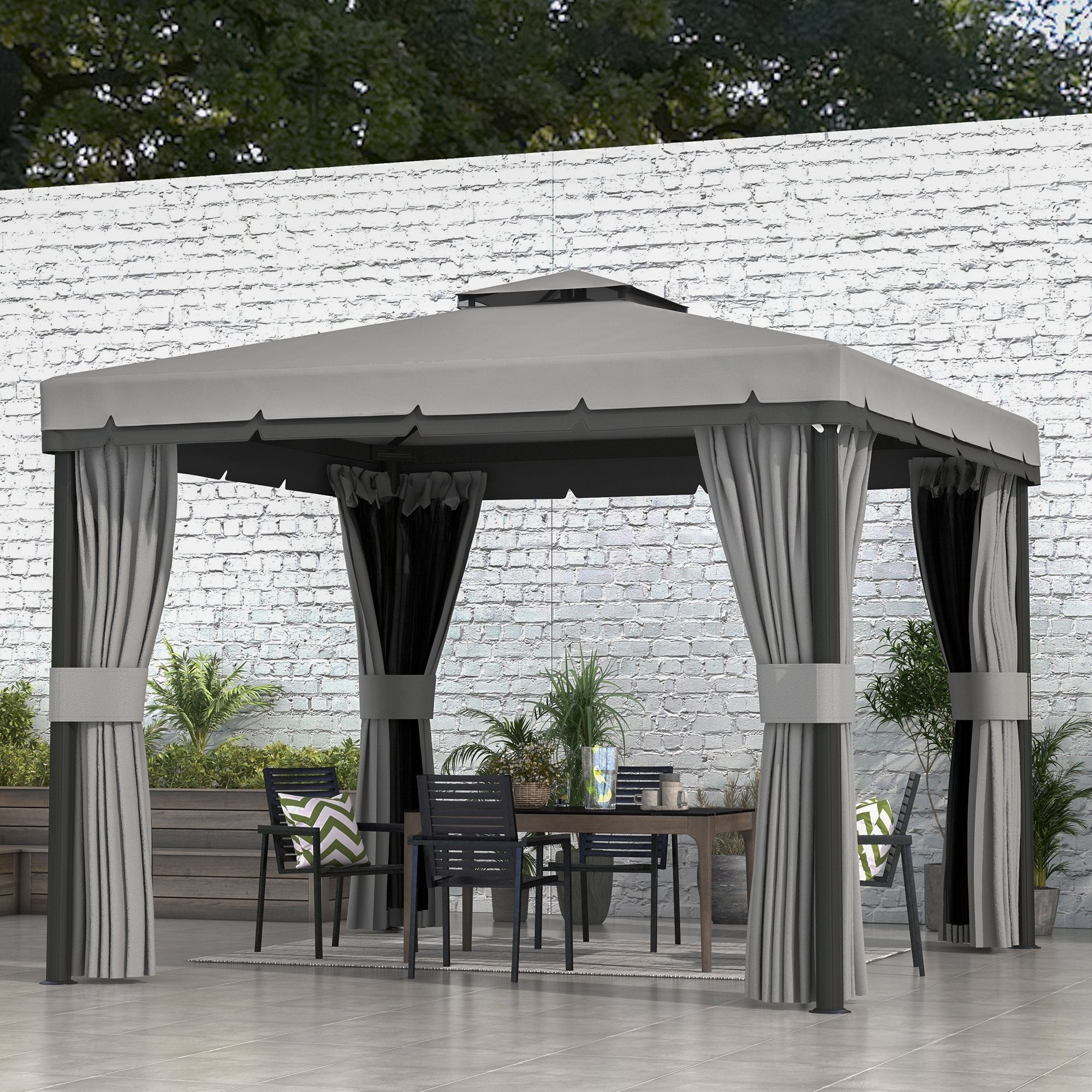 3 x 3m Patio Gazebo Canopy with 2 Tier Roof, Netting & Curtains - Light Grey