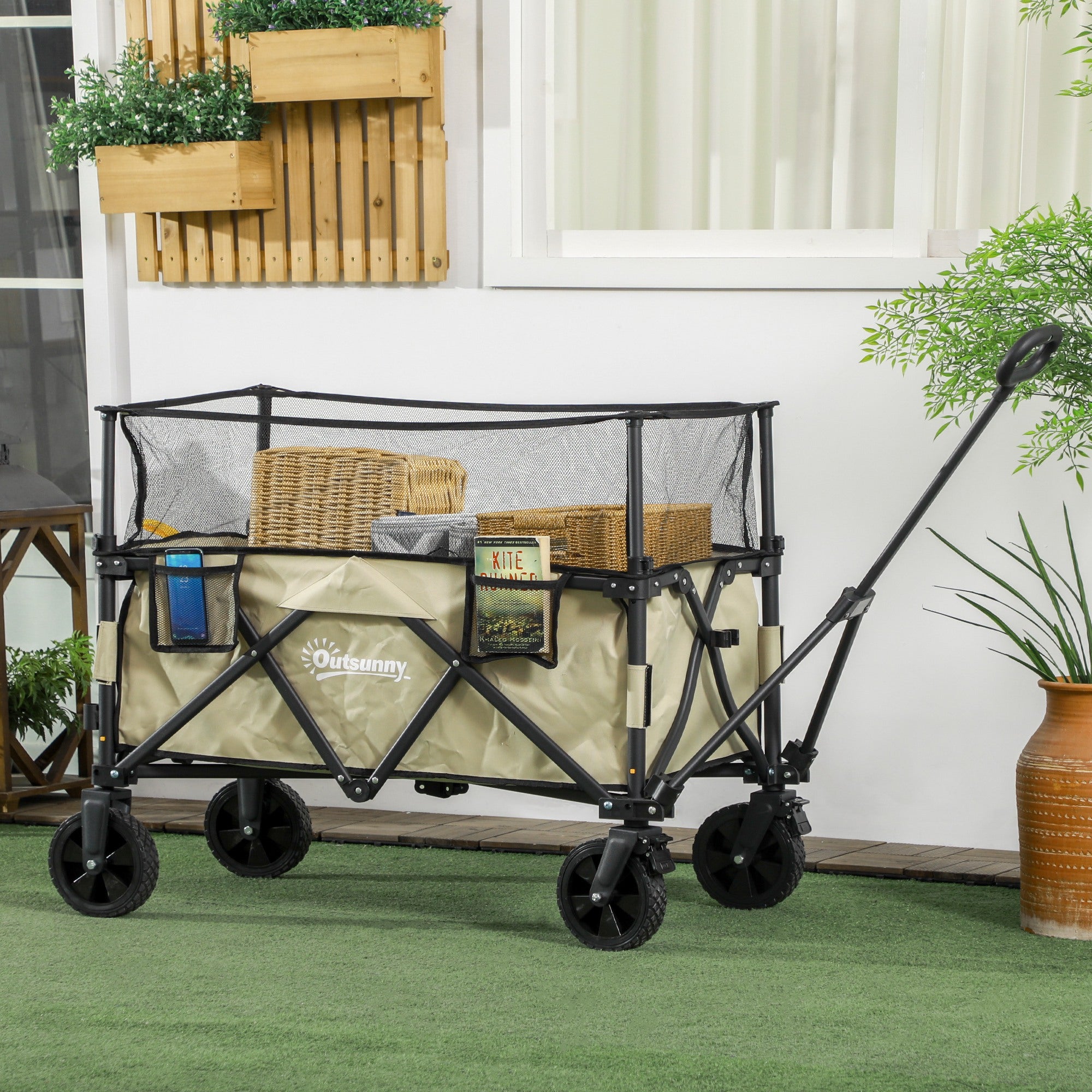 180L Folding Garden Trolley Cart with Extendable Side Walls - Khaki