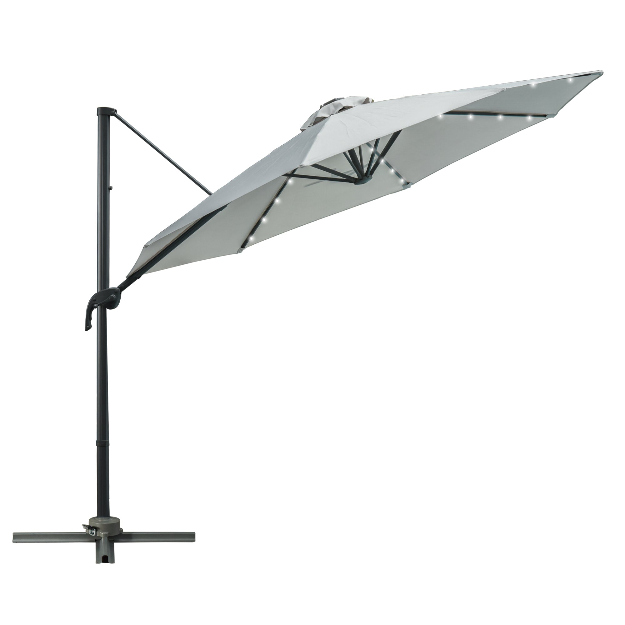 3 Metre Cantilever Roma Parasol with LED Solar Light and Cross Base - Grey