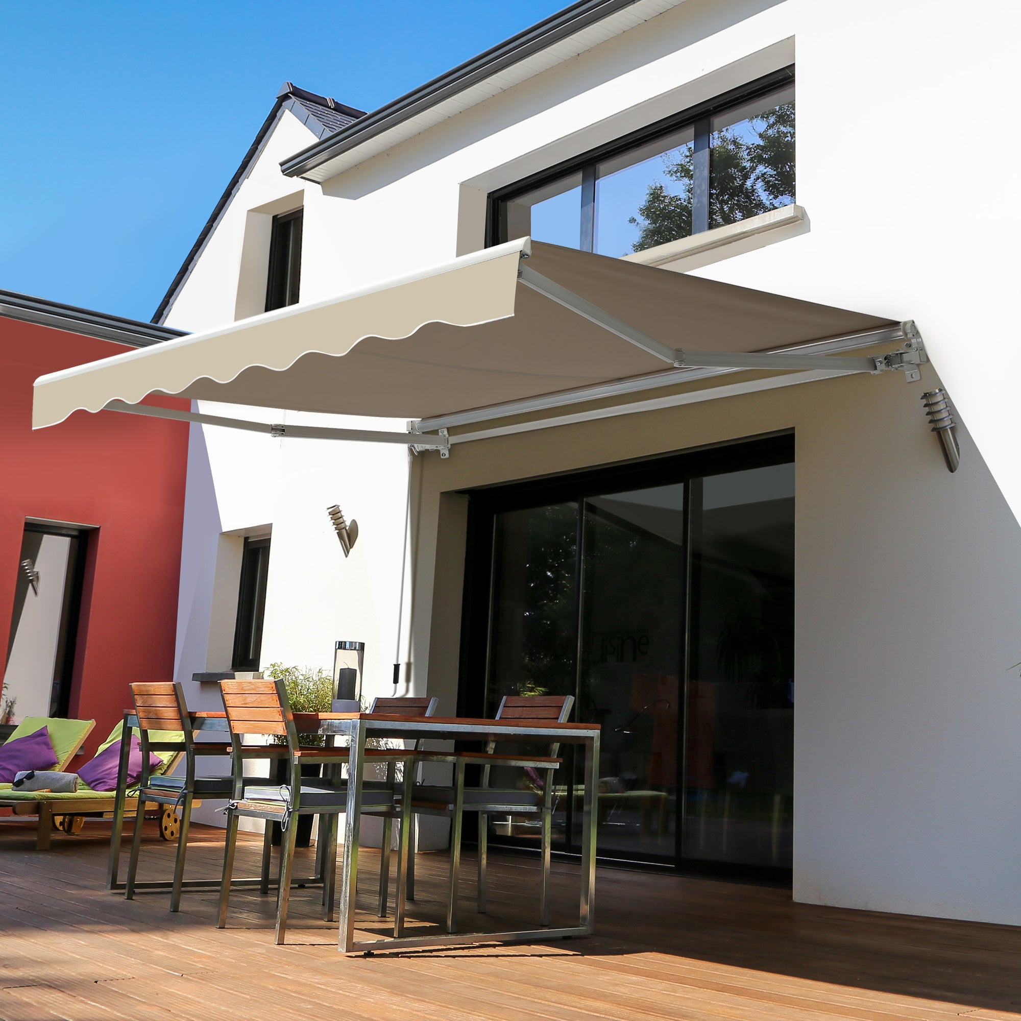 Manual Retractable Patio Awning for Shade Protection - Beige and White