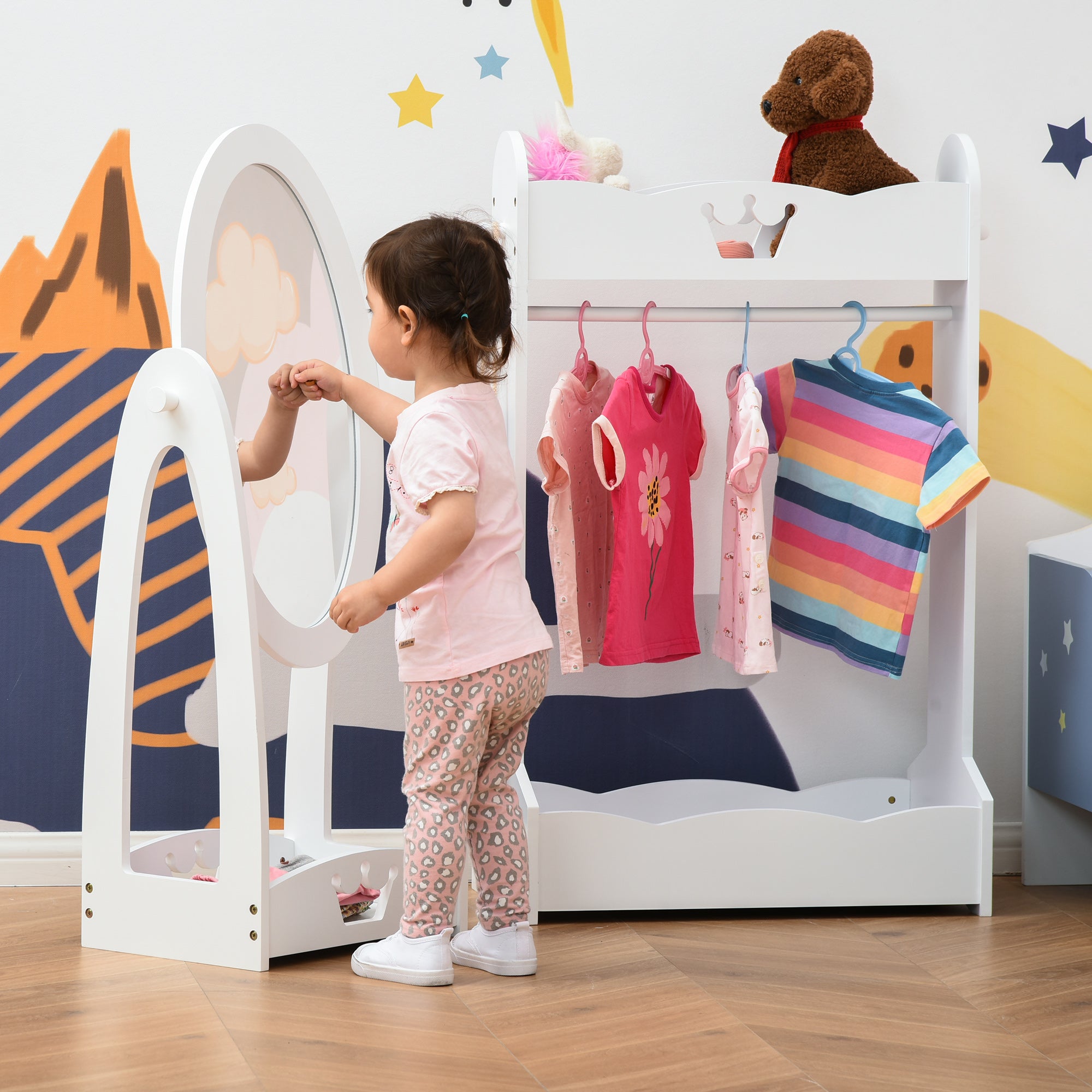Kids Clothes Rail and Mirror Set 360 Degree Rotation White Storage Shelves