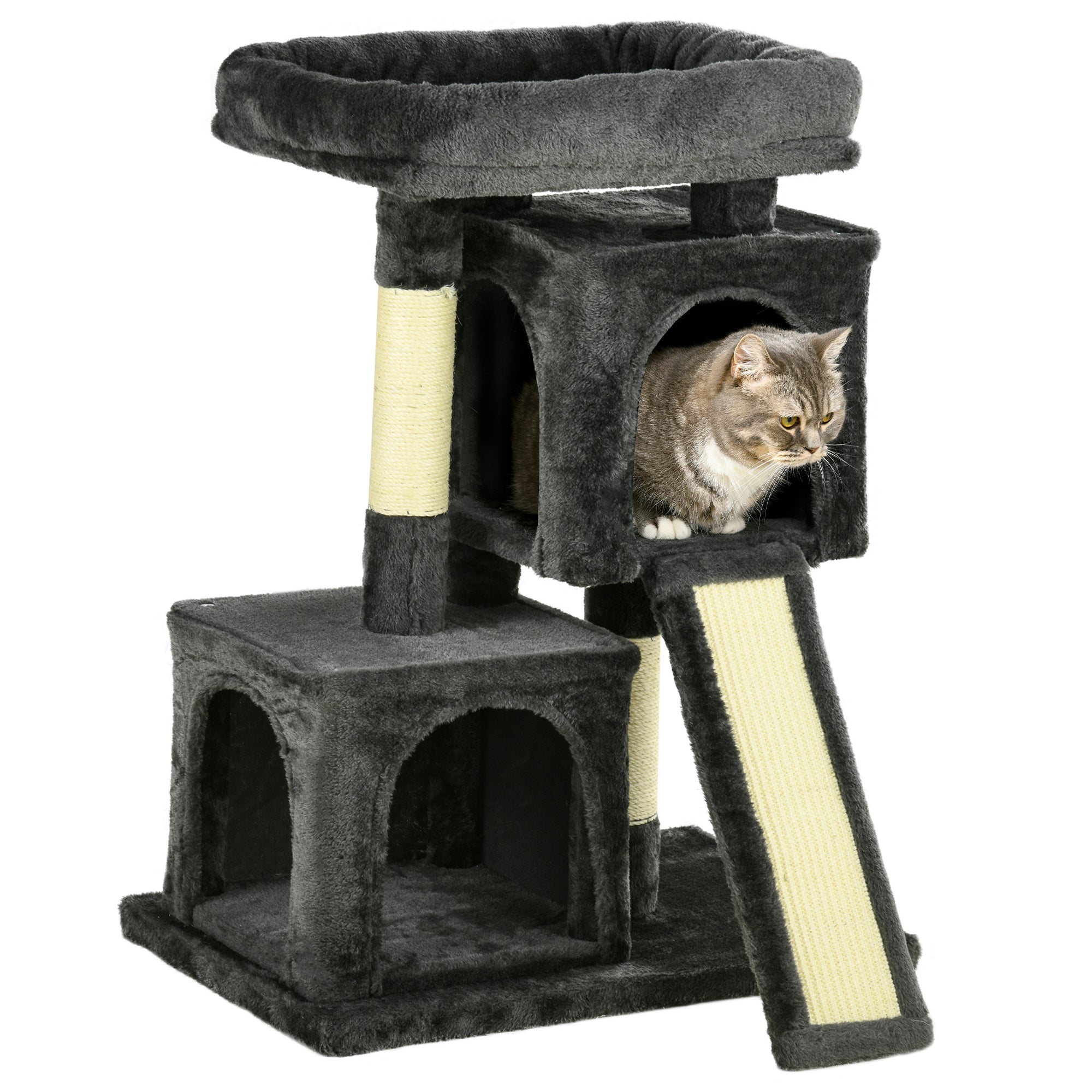 Cats 3-Tier Sisal Rope Leisure Tree with Plush Covering - Dark Grey
