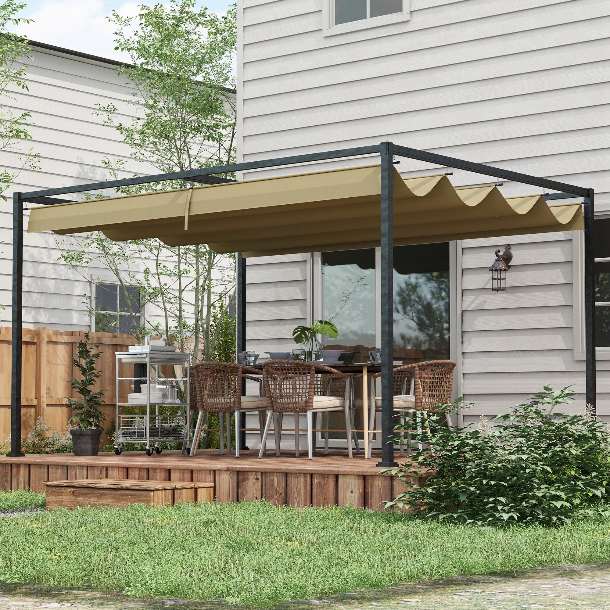 3x2m Metal Pergola with Retractable Roof Garden Gazebo Canopy Shelter - Khaki