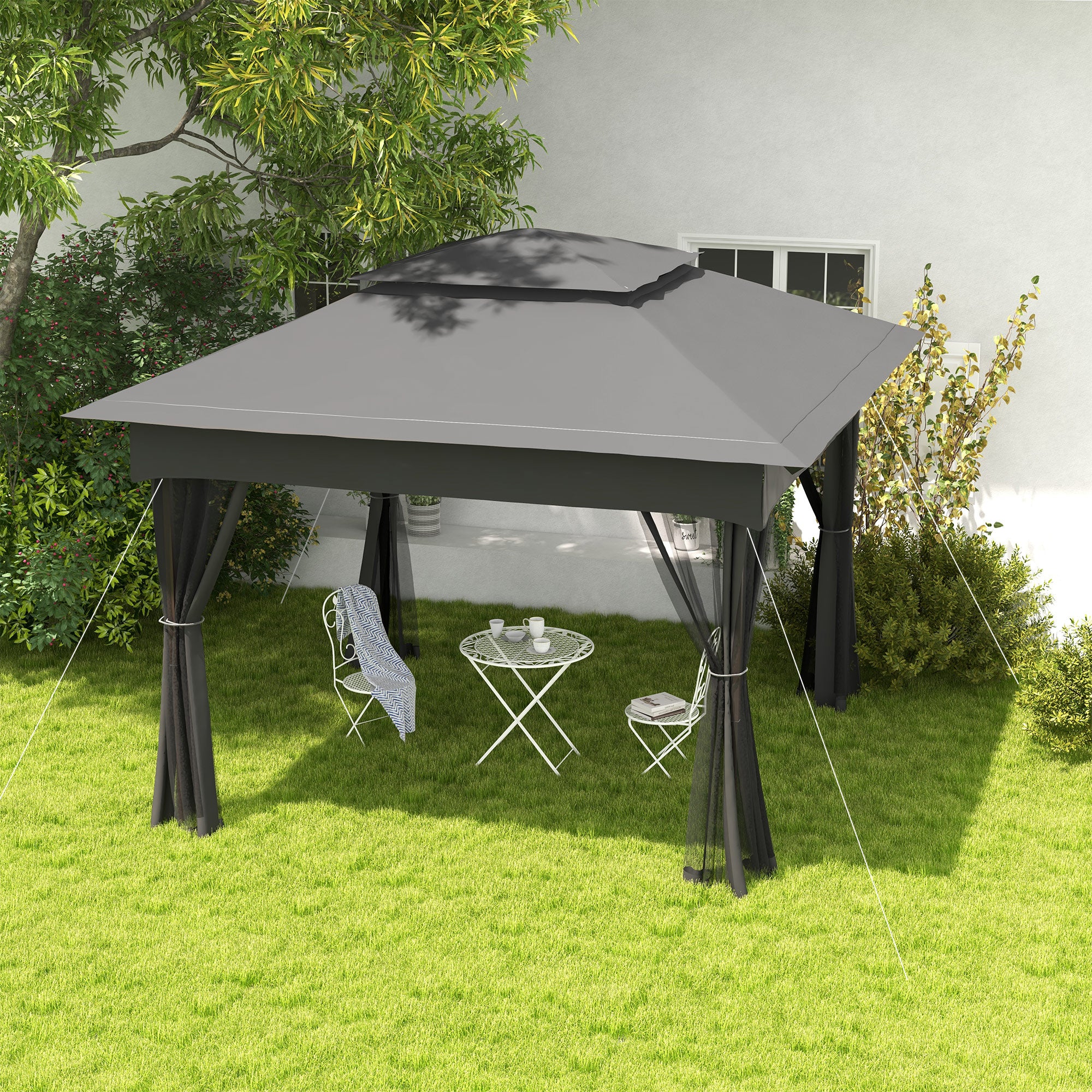 3x3 Metre Pop Up Gazebo Set with Double Roof and Insect Netting - Dark Grey